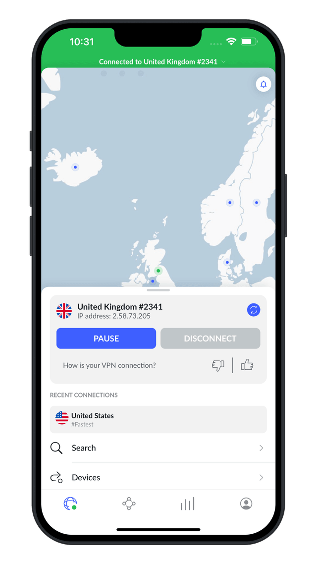 Aplicația NordVPN pe iPhone conectată la un server din Marea Britanie