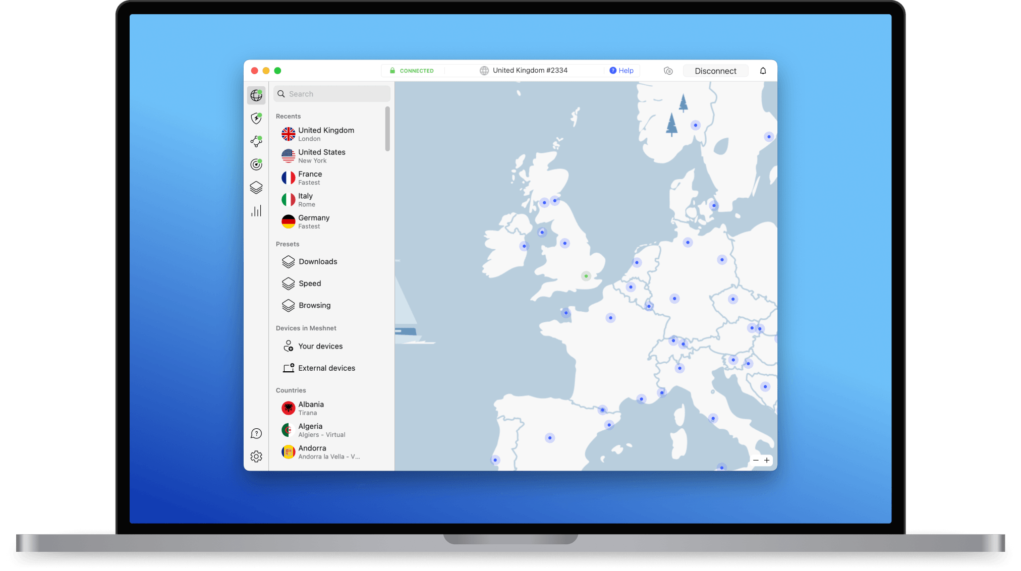 NordVPN pe macOS conectat la un server din Marea Britanie
