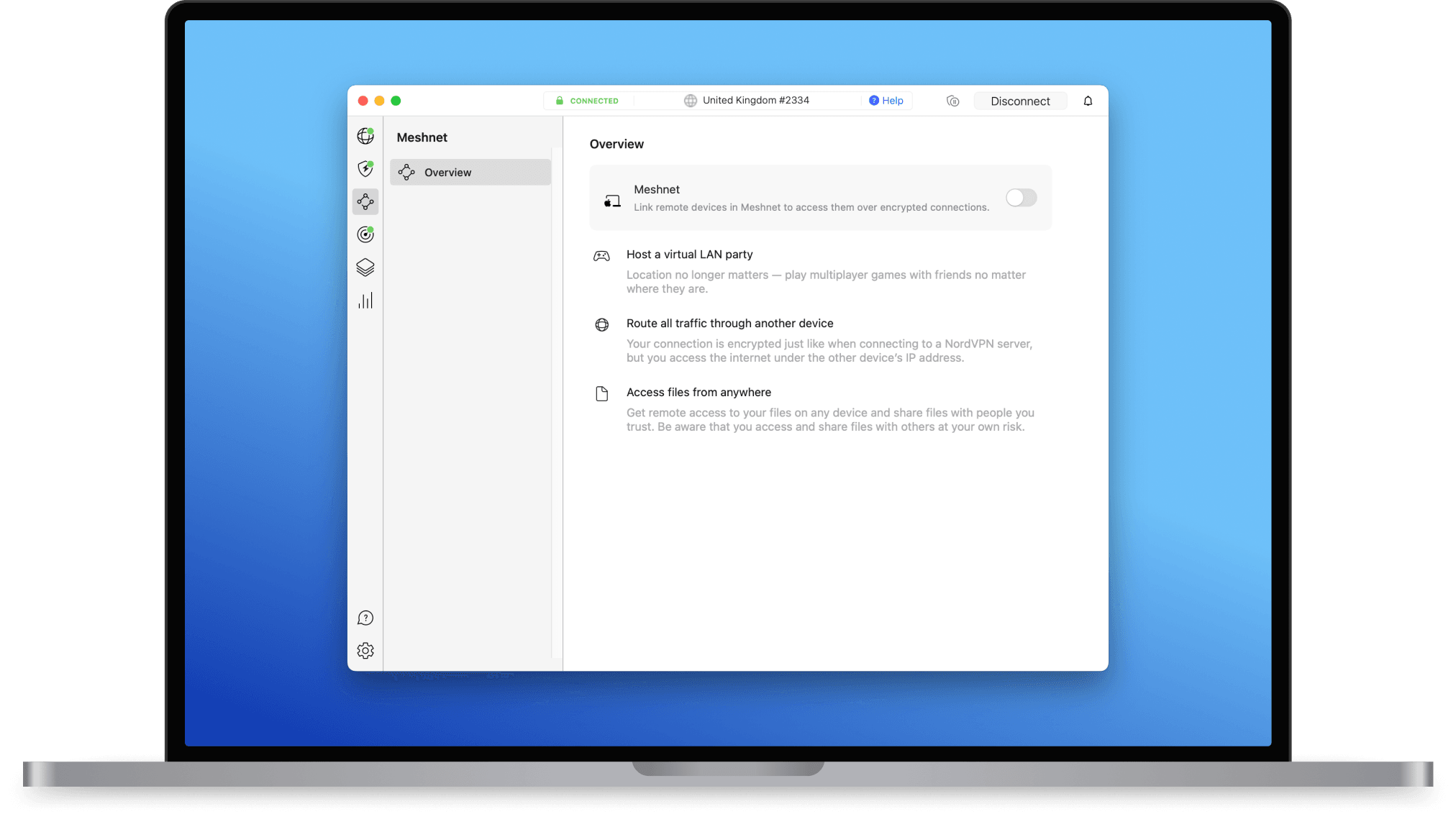 Meniul de funcții NordVPN incluzând Meshnet și Threat Protection