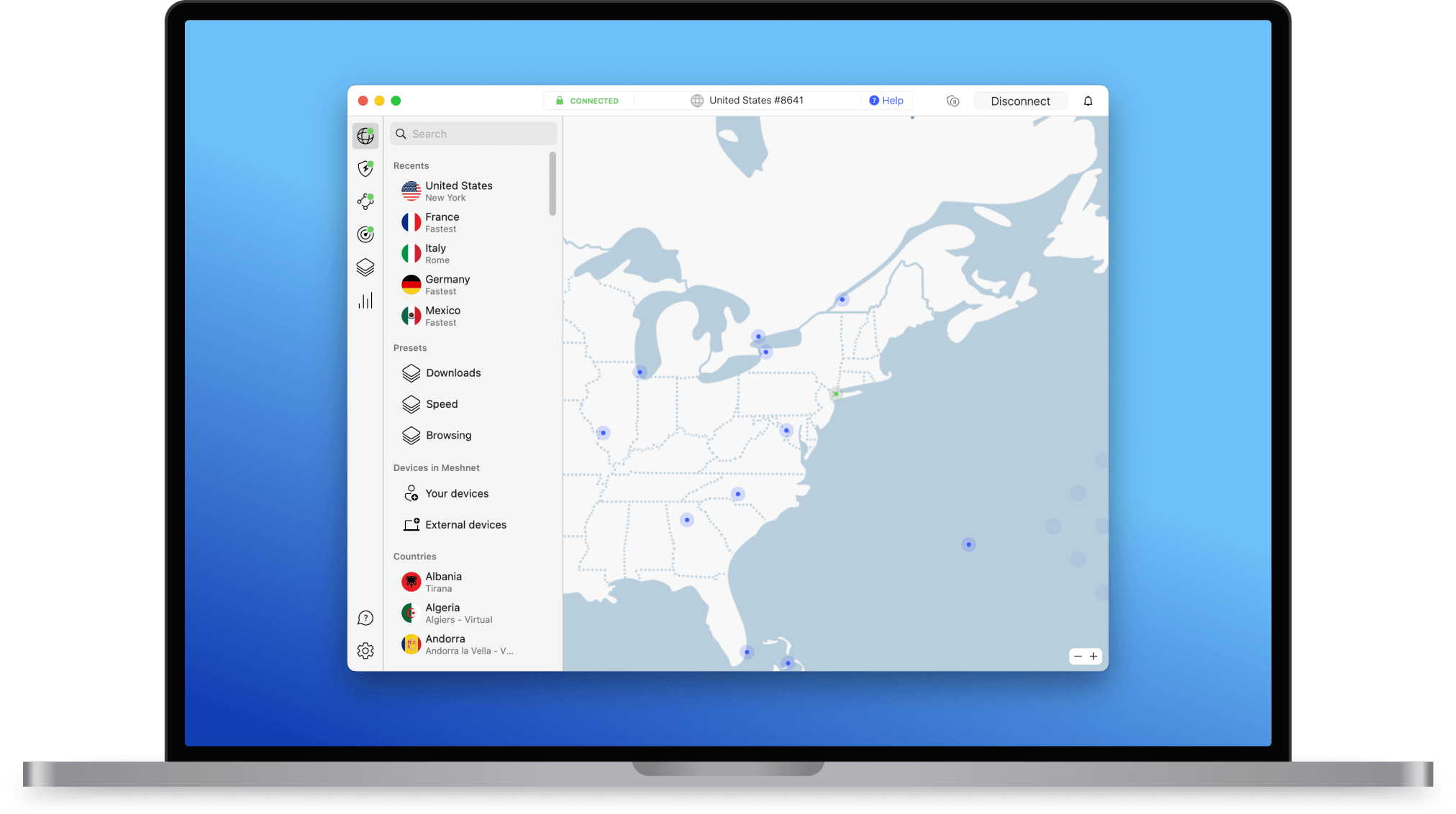 Aplicația NordVPN pe macOS conectată la un server din SUA
