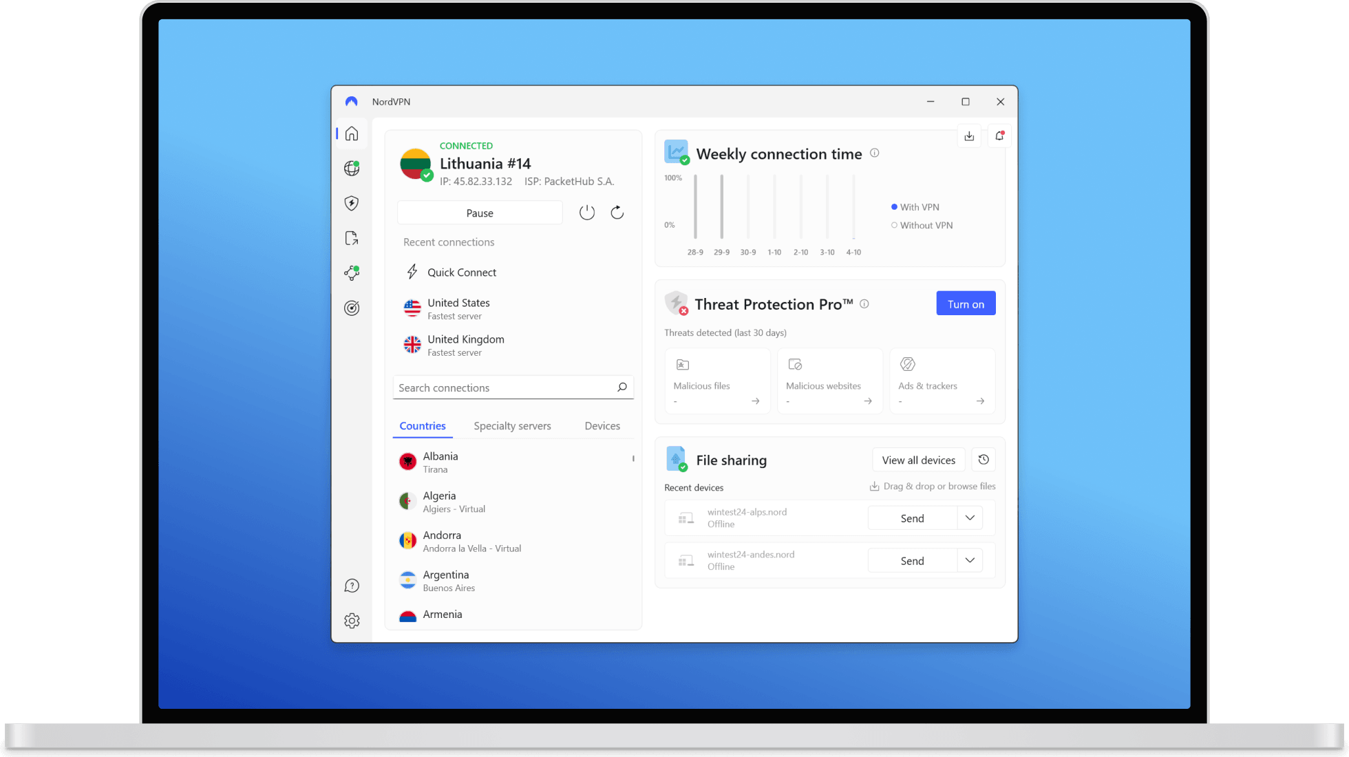 Interfața aplicației NordVPN pe Windows conectată la un server din SUA