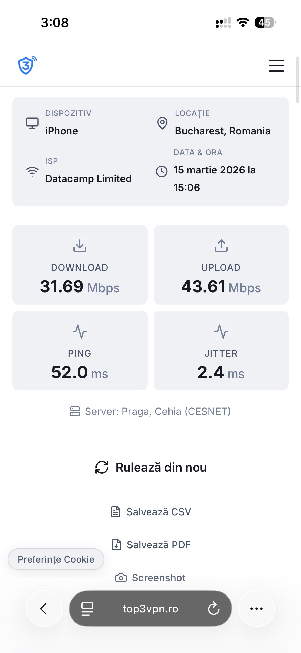 NordVPN pe iOS conectat la server din România prin NordLynx, ecran aplicație cu hartă și status conectat
