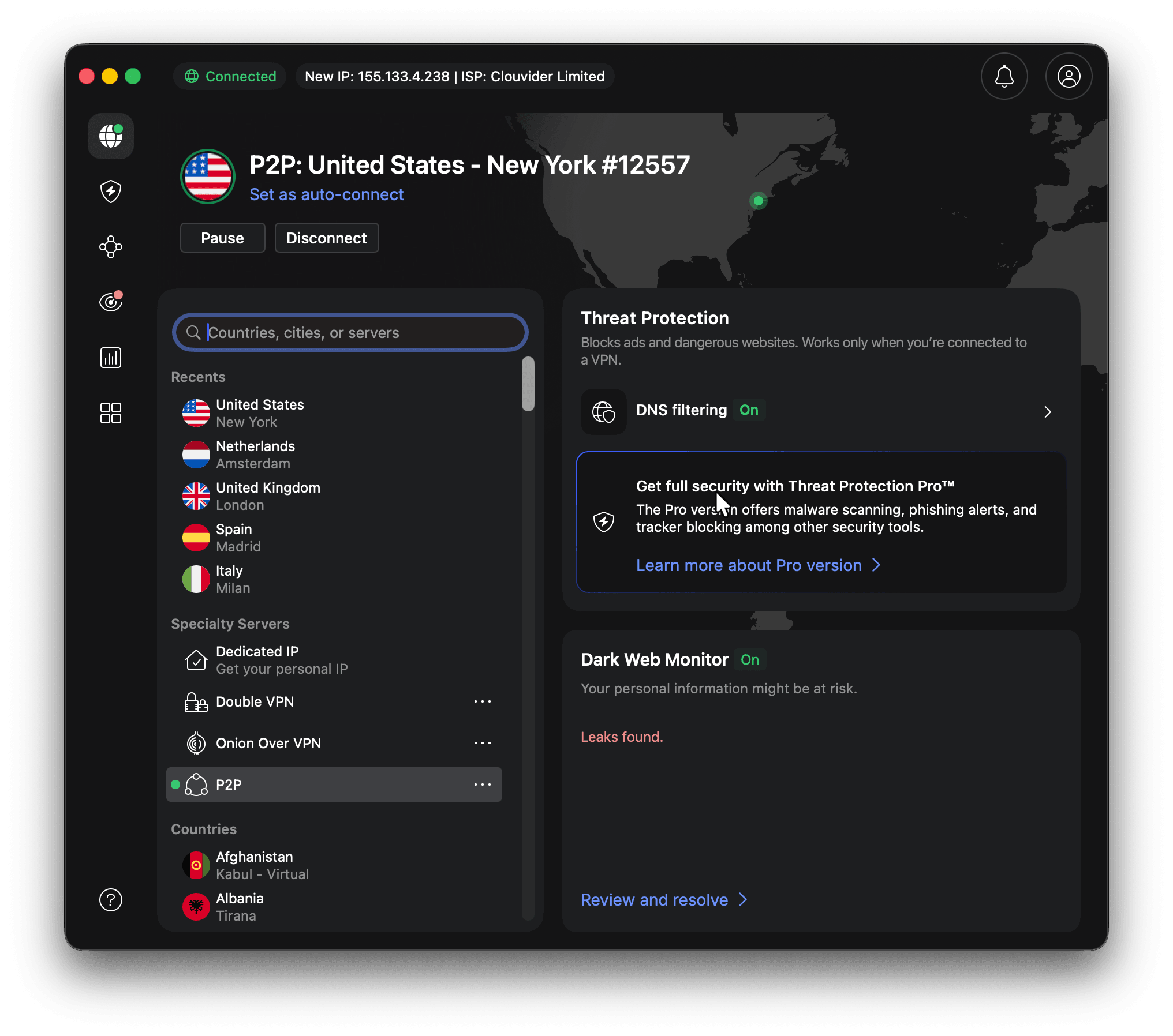 NordVPN pe macOS conectat la server SUA New York prin NordLynx, 47.6 Mbps download pe Wi-Fi