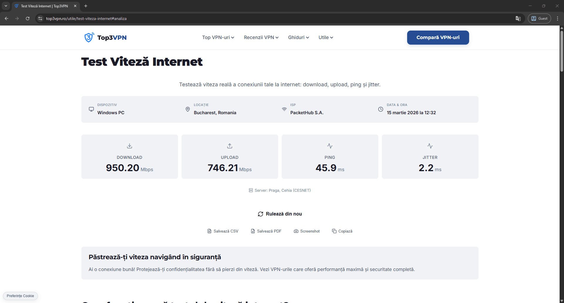 Rezultat test viteză NordVPN NordLynx server România București, 950.20 Mbps download, 748.2 Mbps upload, 46 ms ping