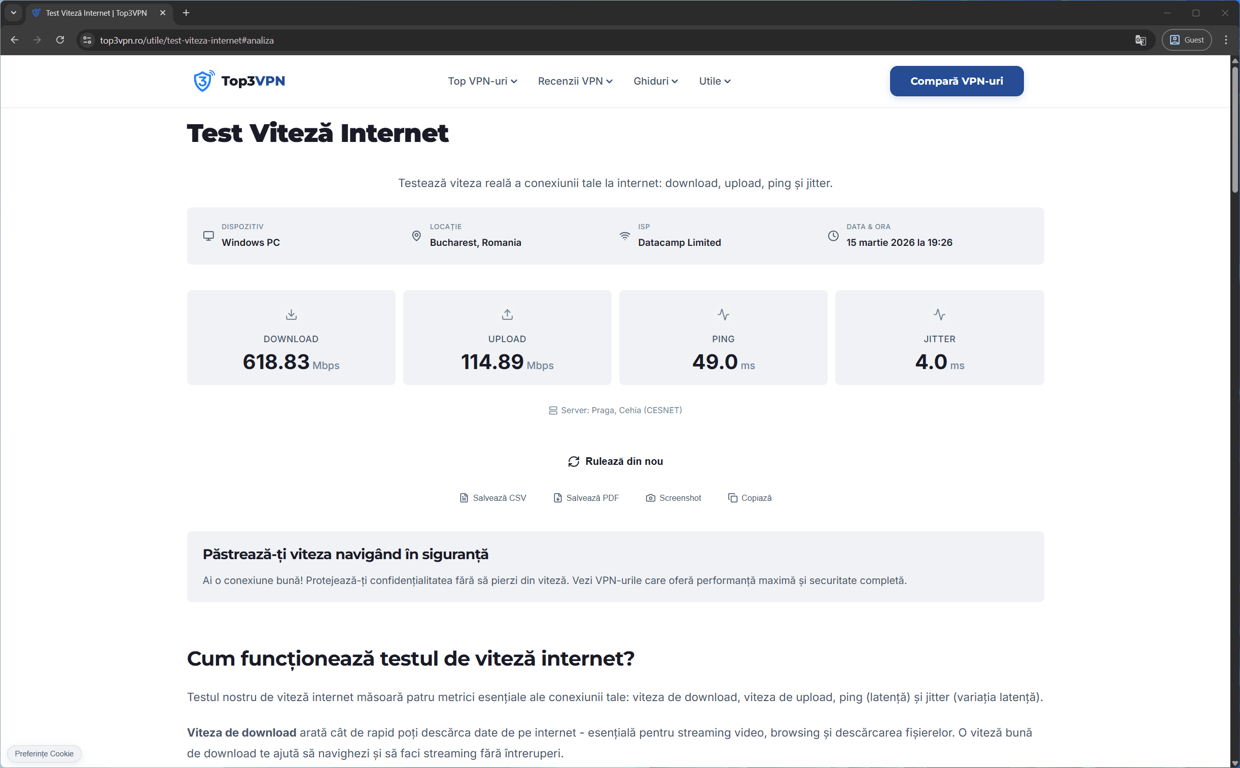 Rezultat test viteză NordVPN OpenVPN UDP server România București, 597.1 Mbps download, 108.6 Mbps upload, 46 ms ping