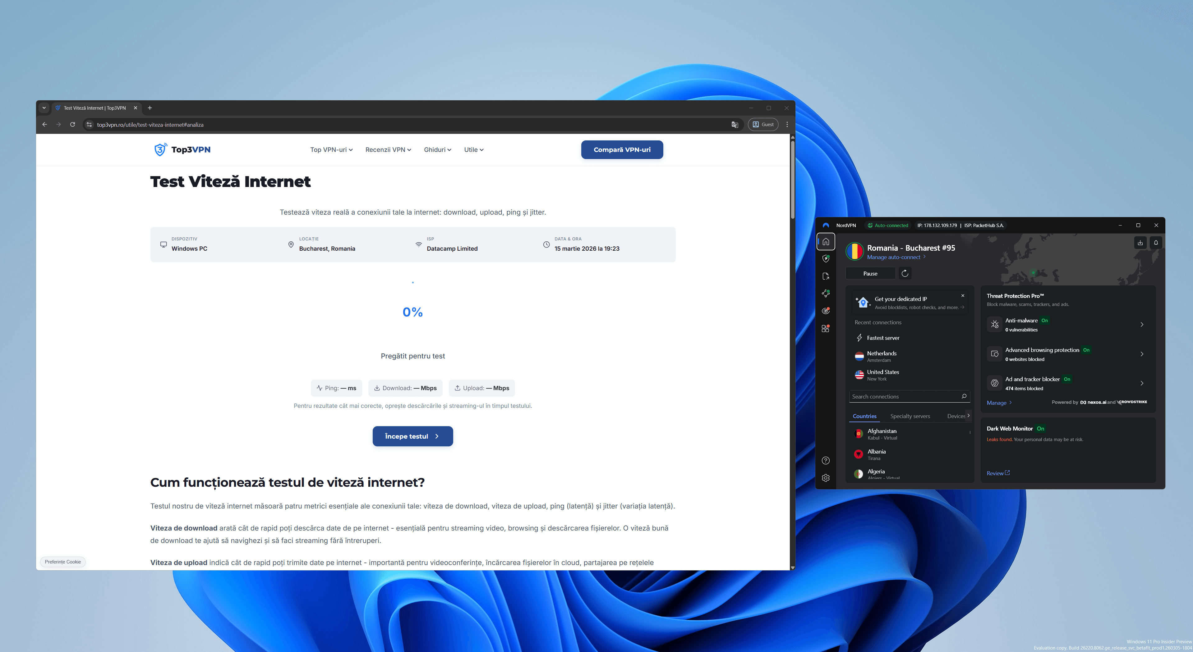Setup test viteză NordVPN pe Windows 11, aplicația NordVPN conectată la server și speed test deschis pe conexiune Digi prin cablu Ethernet