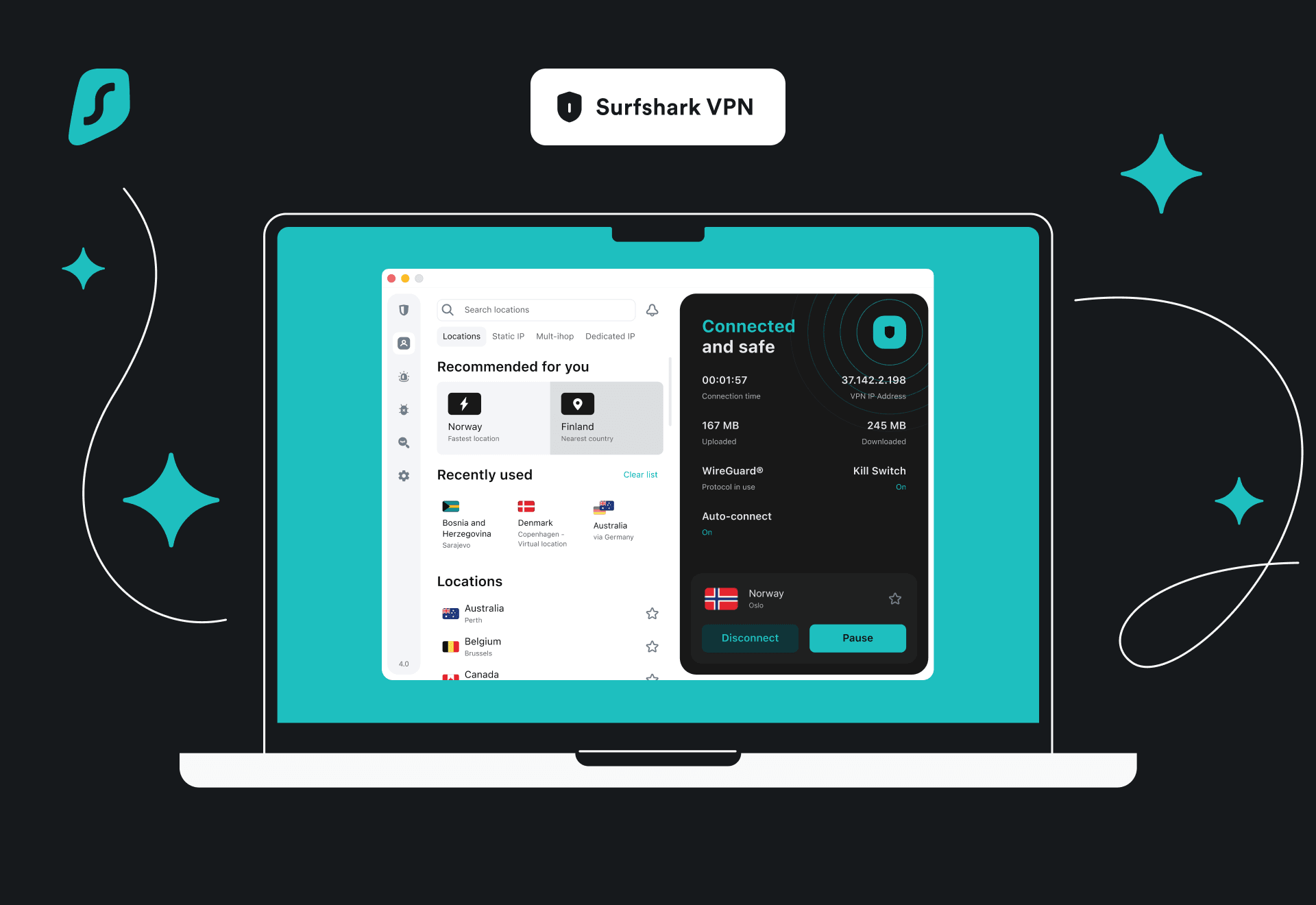 Selectarea unui server pentru streaming în Surfshark