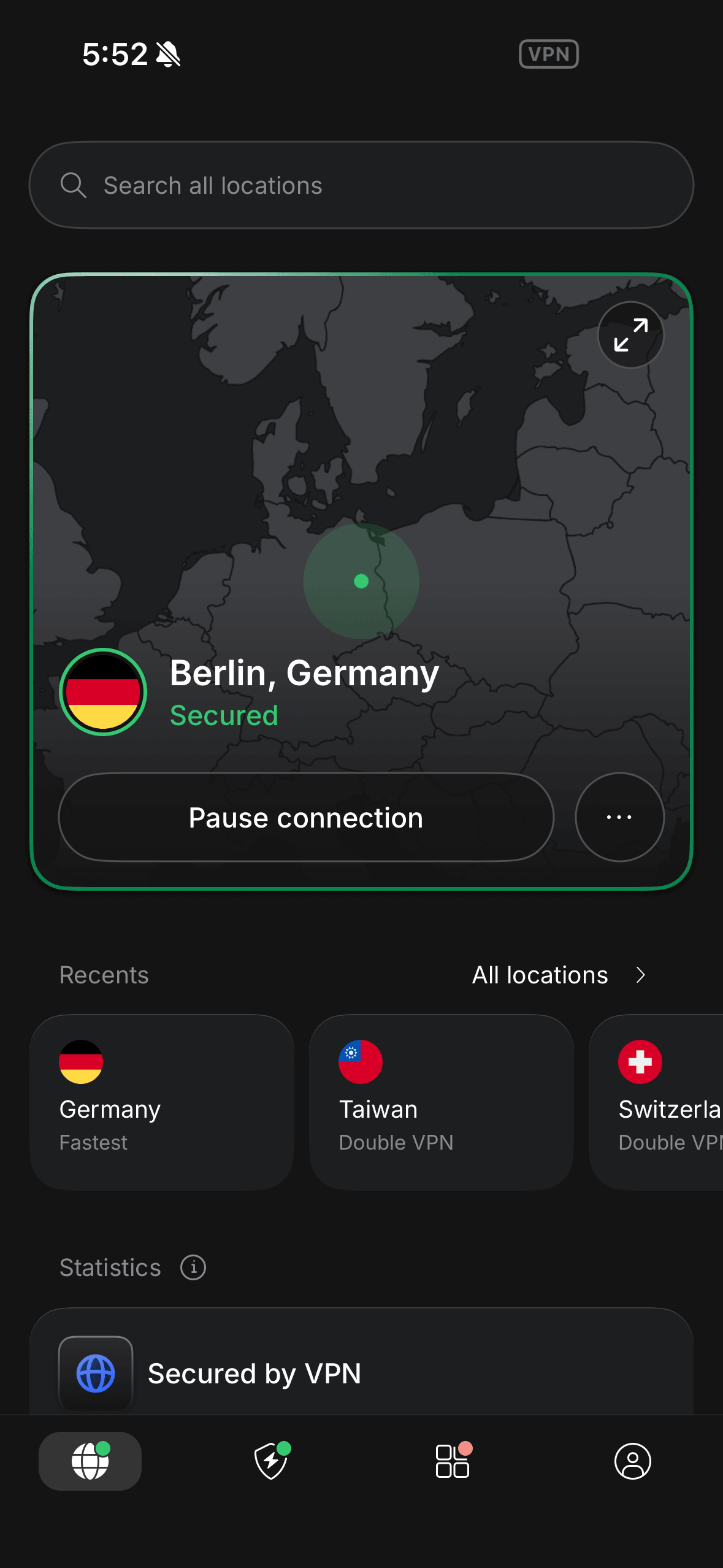 NordVPN pe telefon conectat la un server din Germania, status conectat