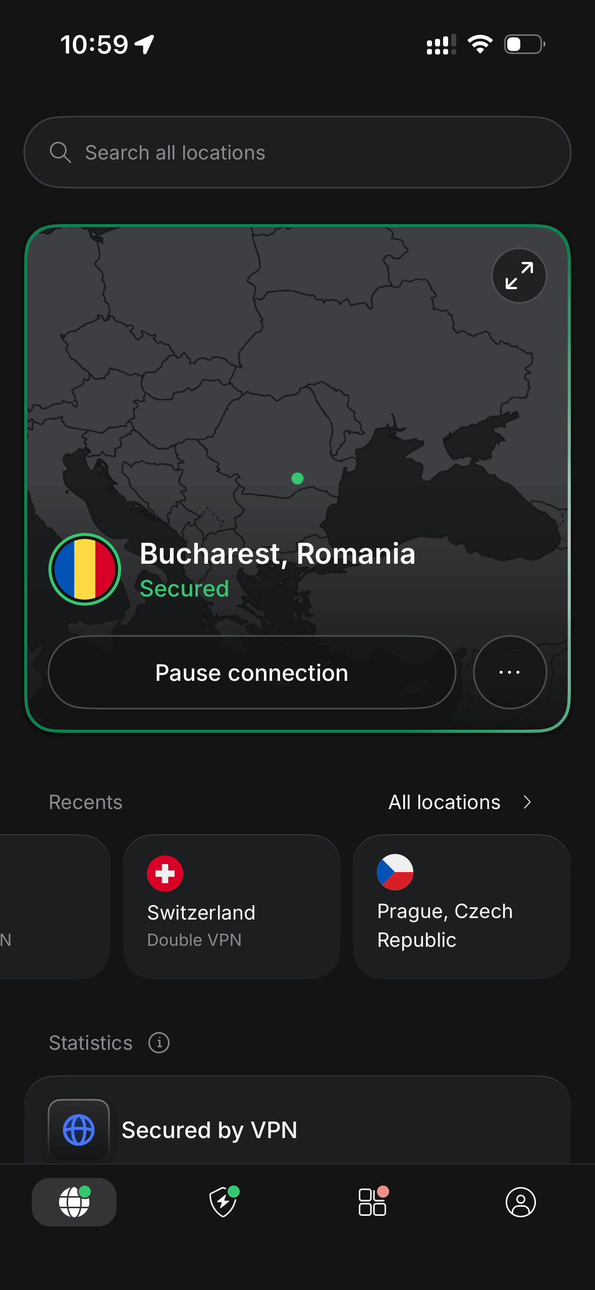 NordVPN pe telefon conectat la un server din România, status conectat