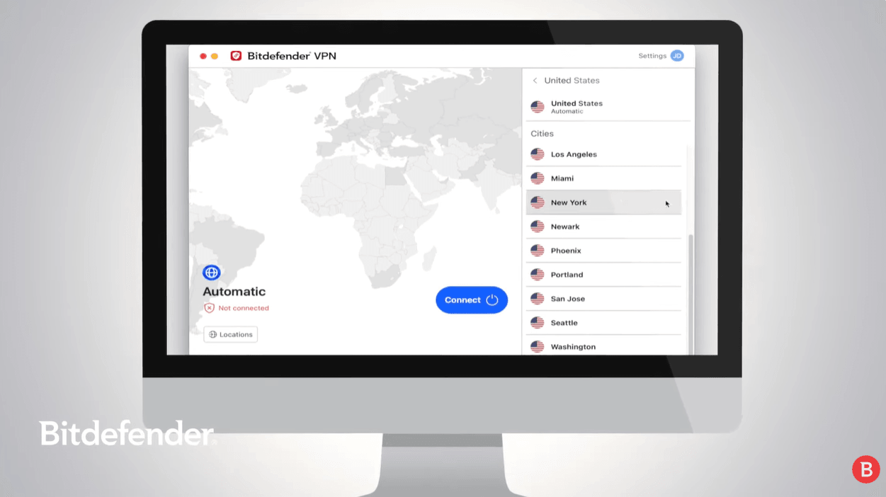 Aplicația Bitdefender Premium VPN pe macOS, conectată și protejată