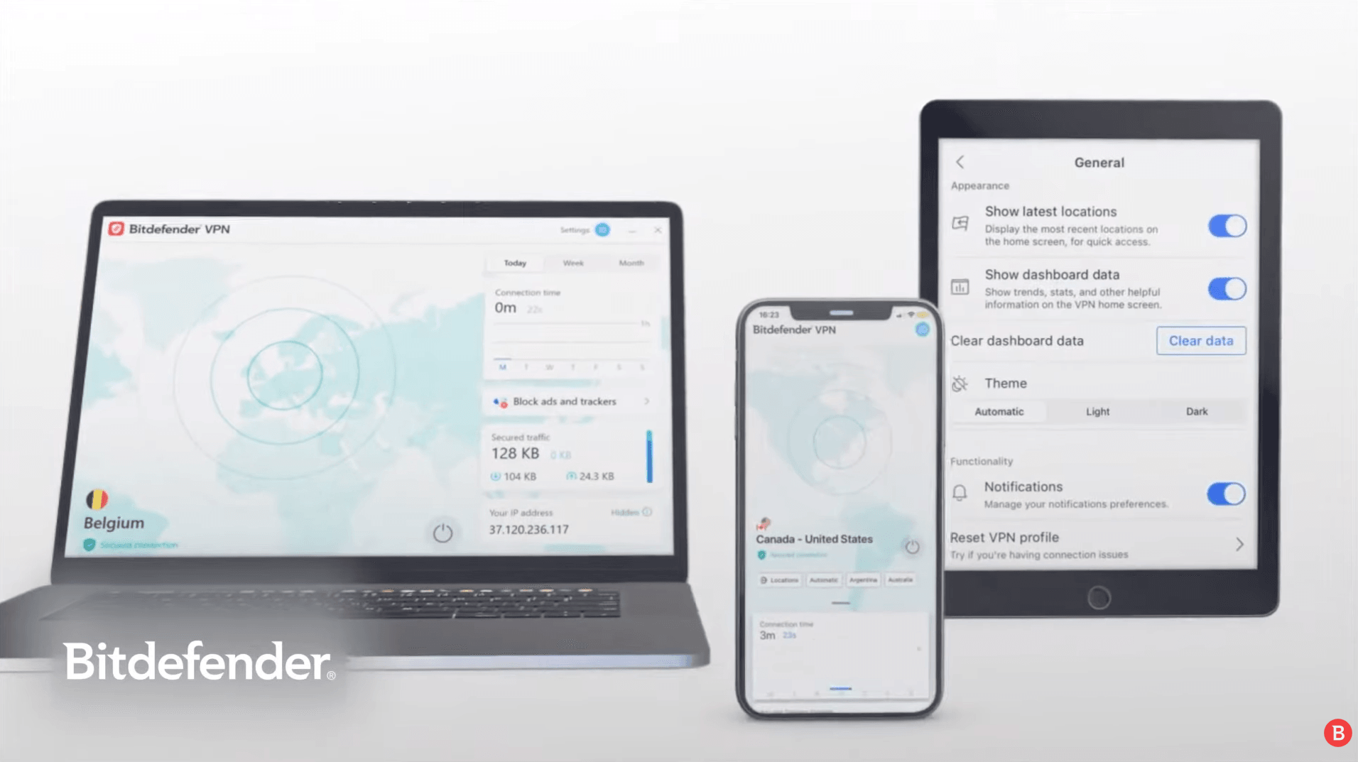 Bitdefender Premium VPN protejând simultan desktop, laptop, tabletă și telefon
