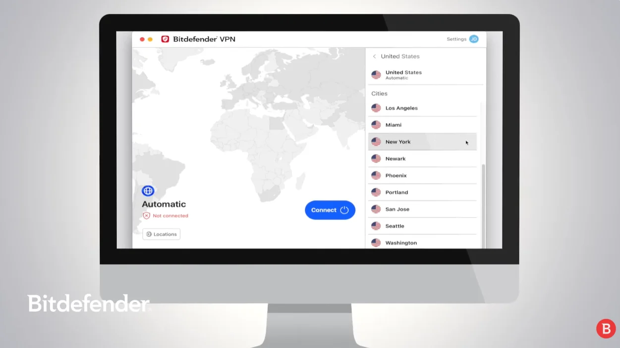 Aplicația Bitdefender Premium VPN pe macOS, conectată și protejată