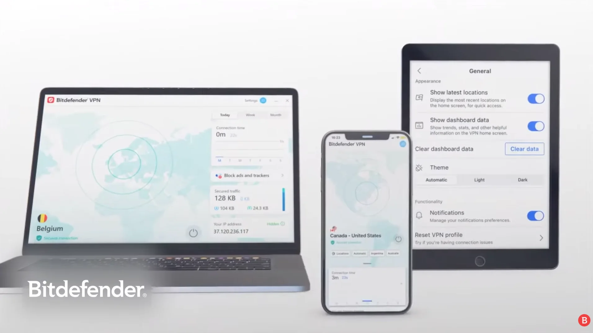 Bitdefender Premium VPN protejând simultan desktop, laptop, tabletă și telefon