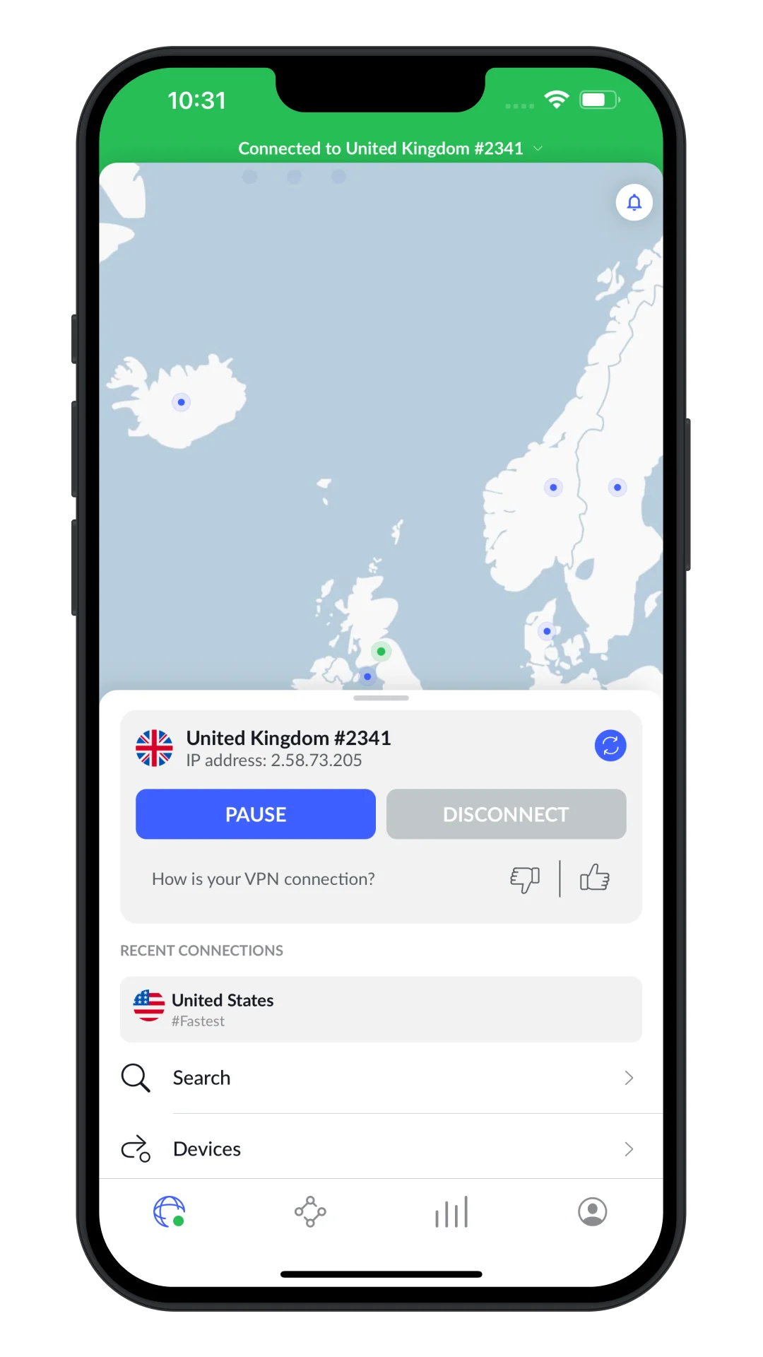 Aplicația NordVPN pe iPhone conectată la un server din Marea Britanie