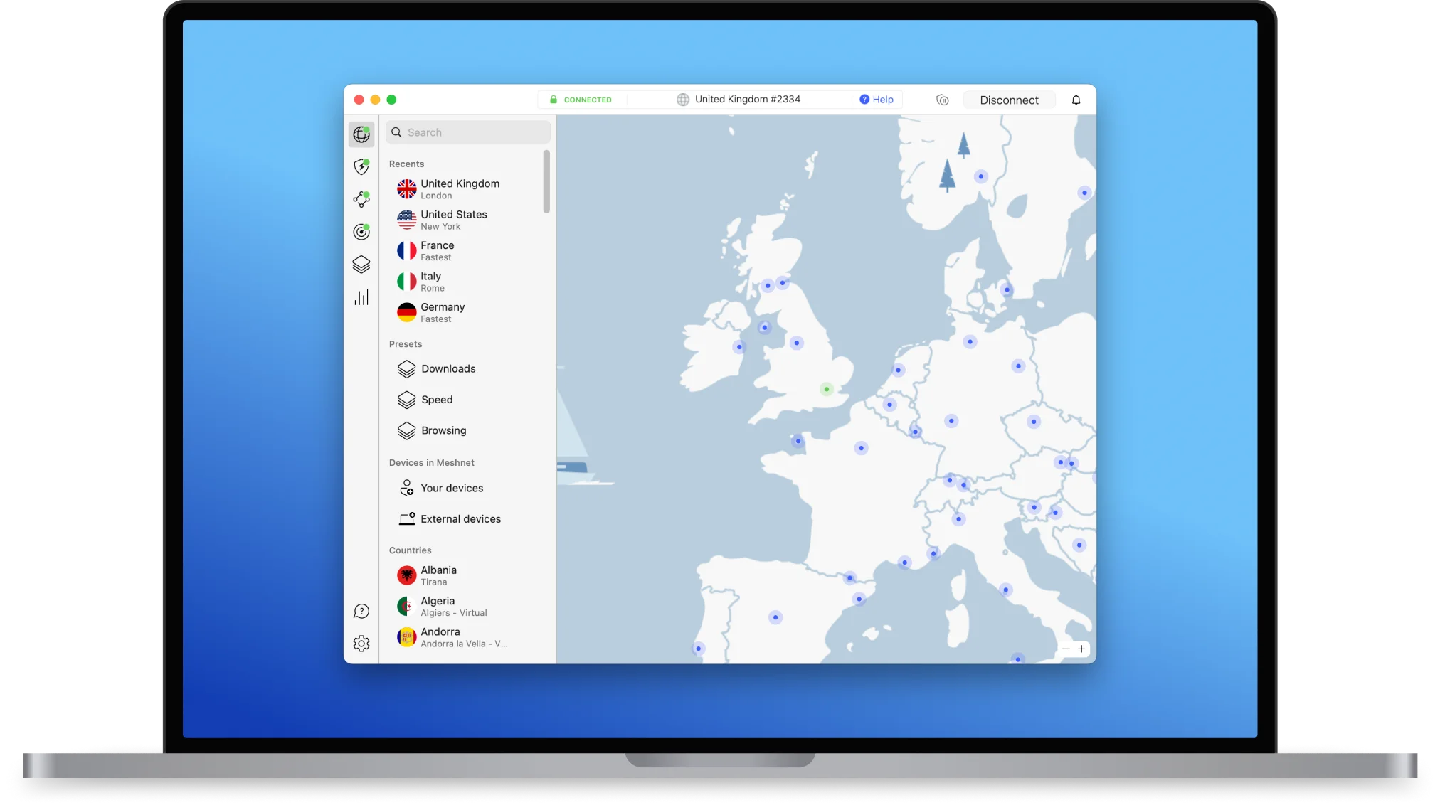 NordVPN pe macOS conectat la un server din Marea Britanie