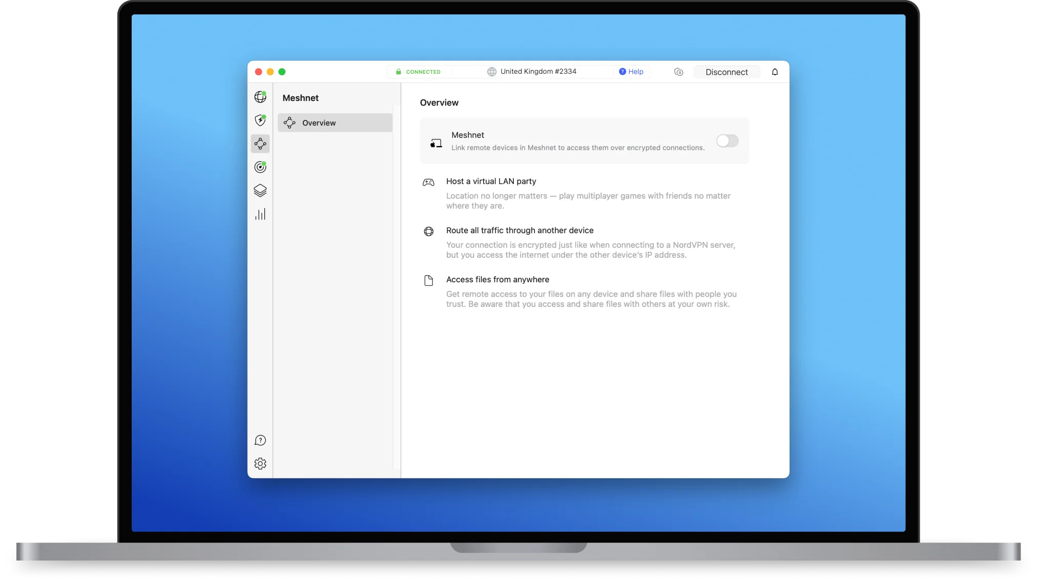 Meniul de funcții NordVPN incluzând Meshnet și Threat Protection