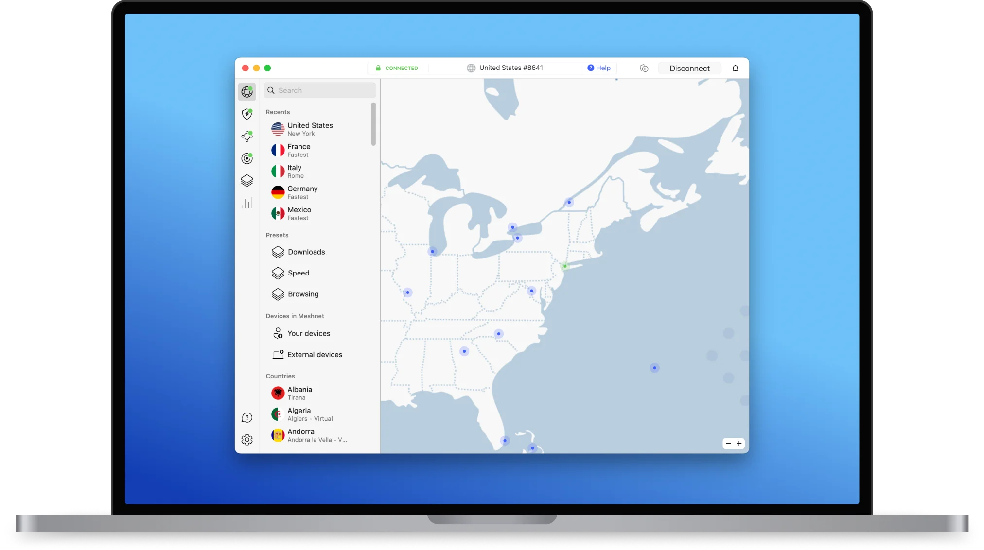 Aplicația NordVPN pe macOS conectată la un server din SUA