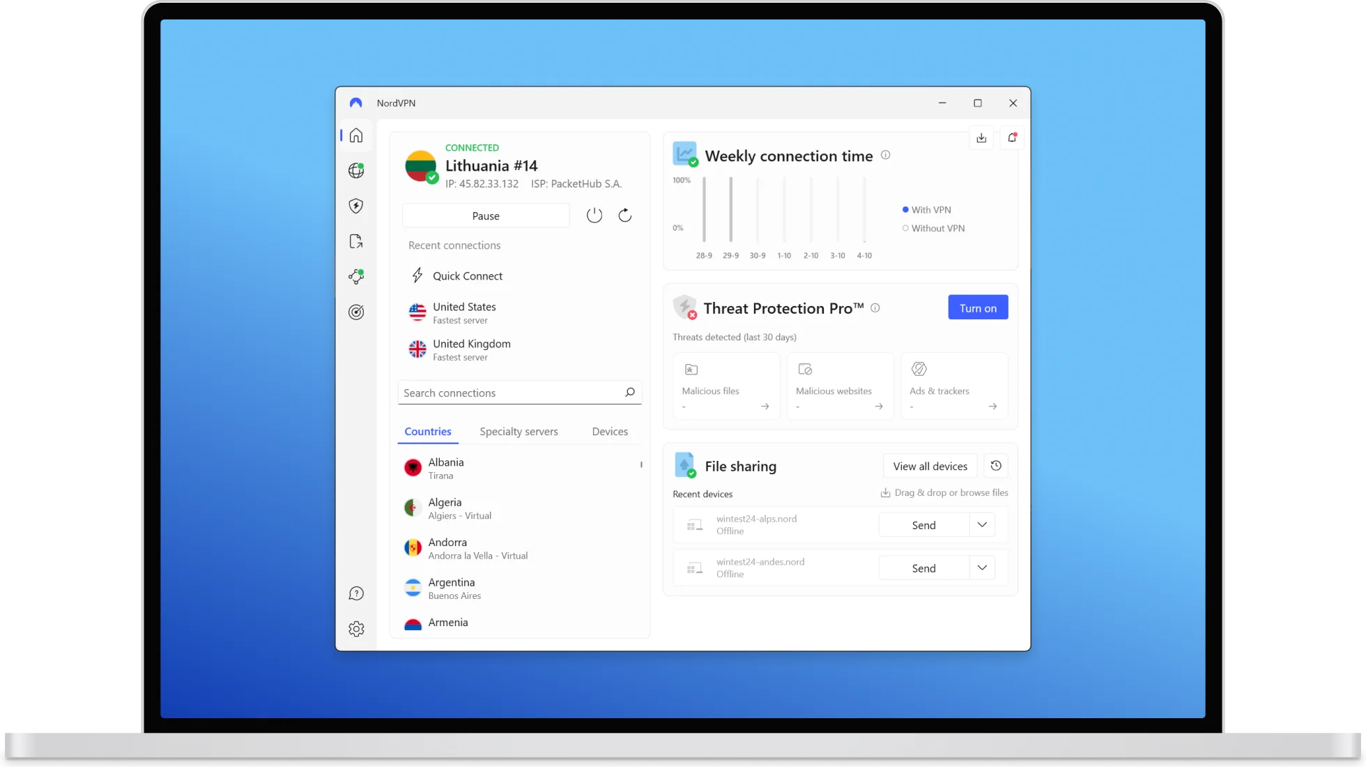 Interfața aplicației NordVPN pe Windows conectată la un server din SUA