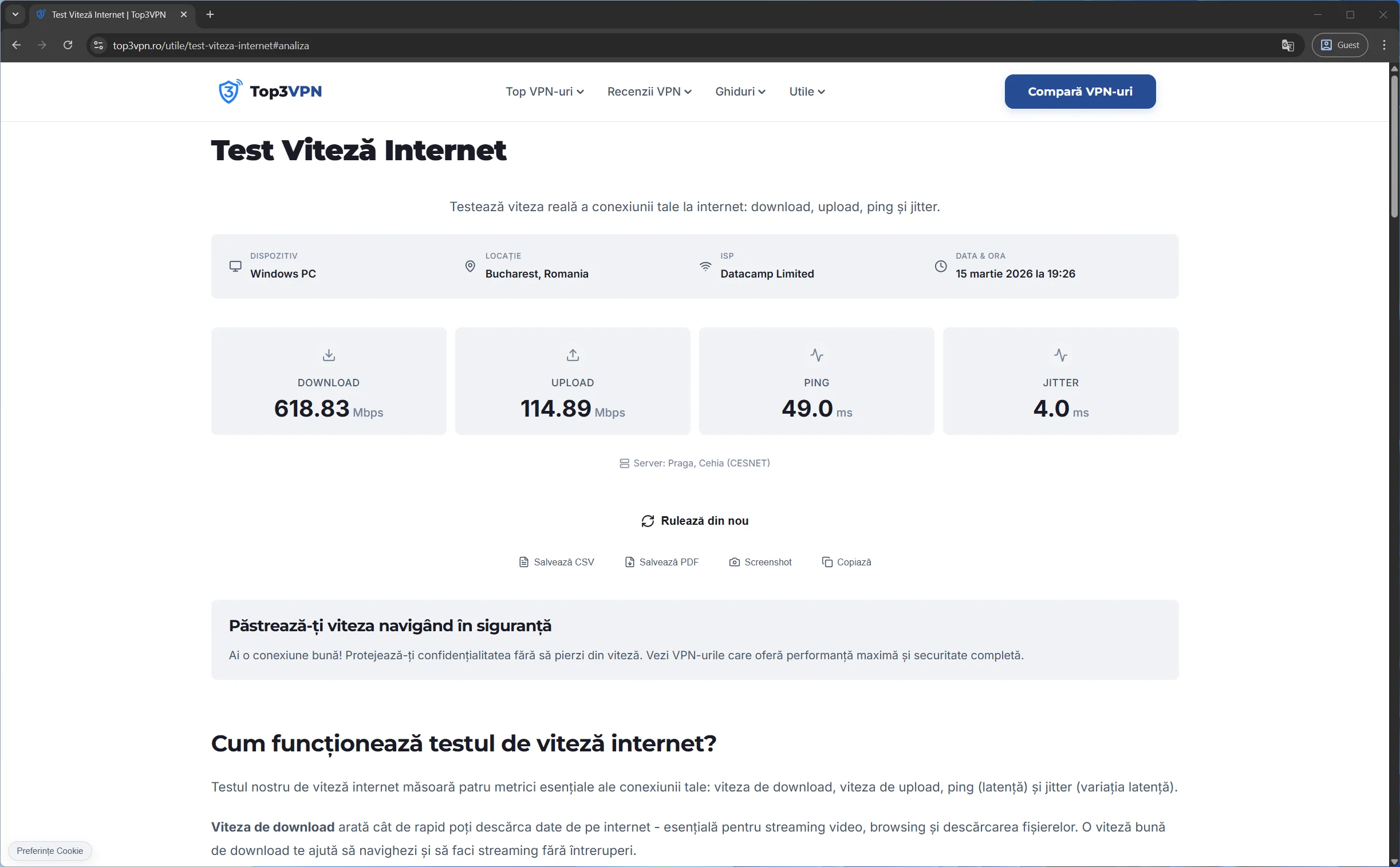 Rezultat test viteză NordVPN OpenVPN UDP server România București, 618.83 Mbps download, 114.89 Mbps upload, 49 ms ping