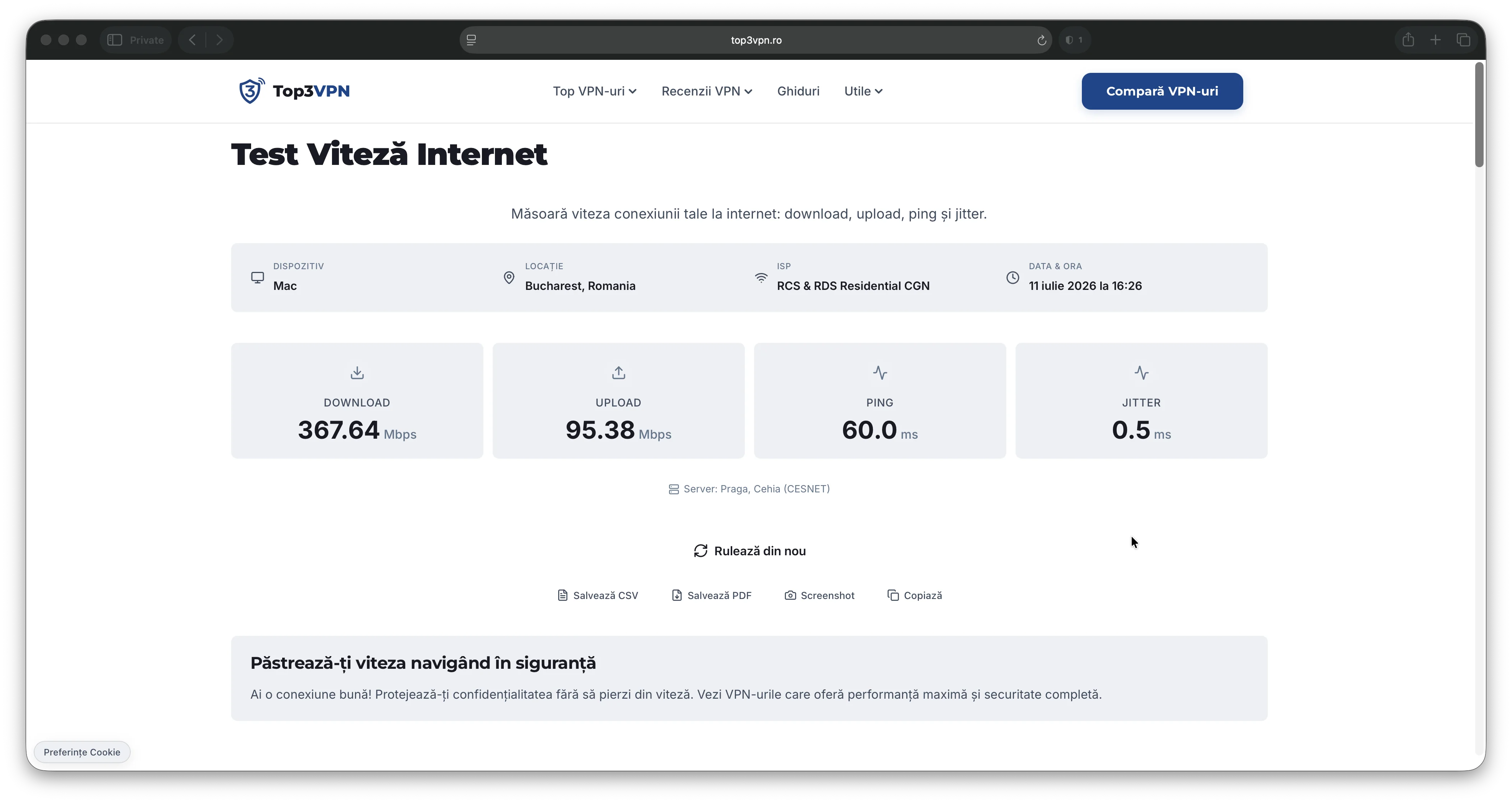 Test viteză fără VPN pe macOS prin routerul TP-Link Archer AX53, 367.64 Mbps download, 95.38 Mbps upload, 60 ms ping, server Praga CESNET