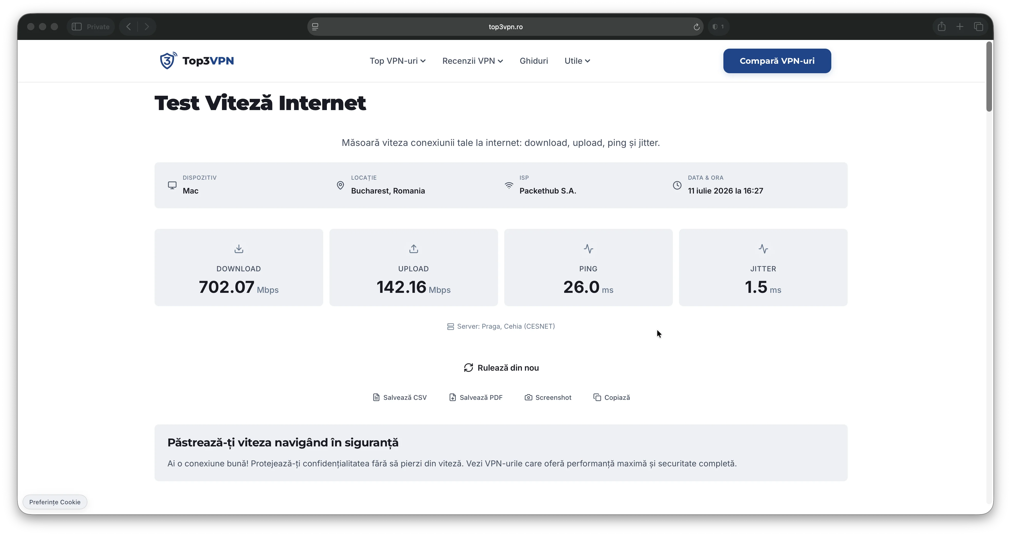 Test viteză NordVPN NordLynx server România pe macOS prin Wi-Fi 6, 702.07 Mbps download, 142.16 Mbps upload, 26 ms ping