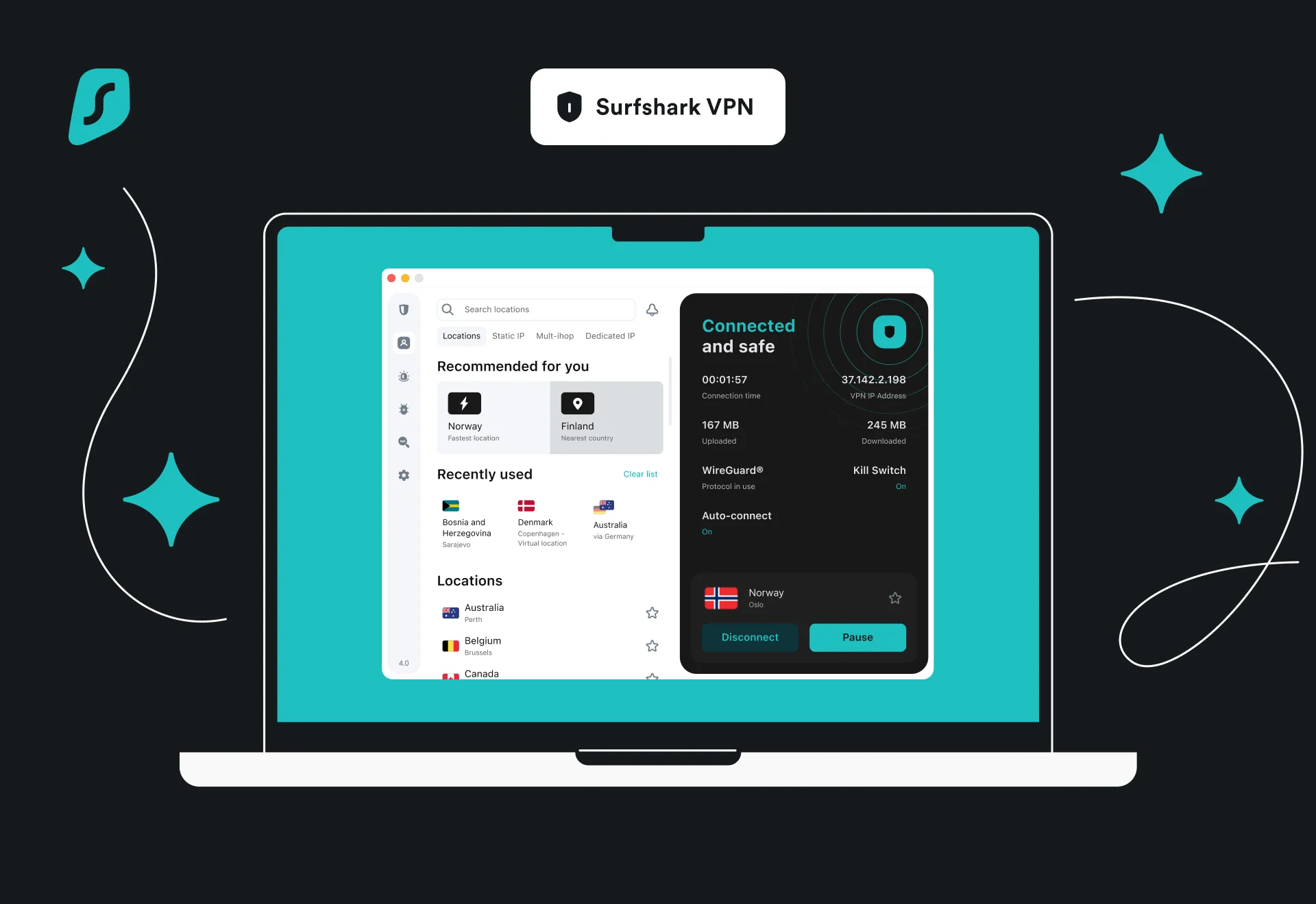 Selectarea unui server pentru streaming în Surfshark