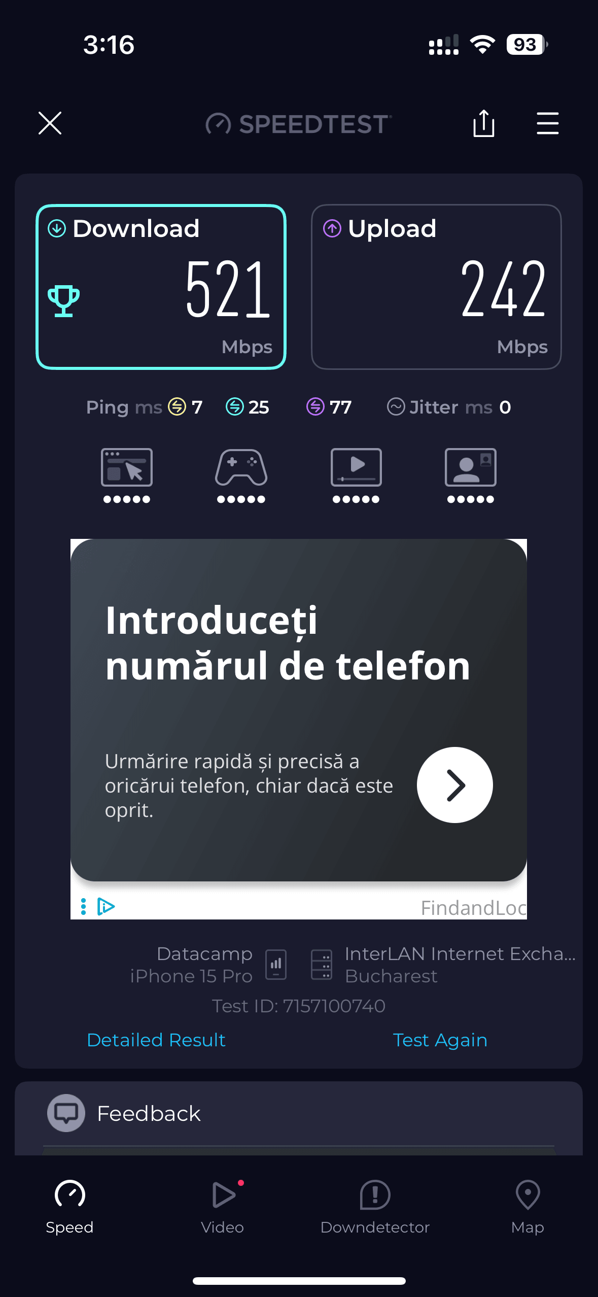 Test viteză Surfshark WireGuard pe iPhone conectat la serverul din România, download 521 Mbps, upload 242 Mbps, ping 7 ms