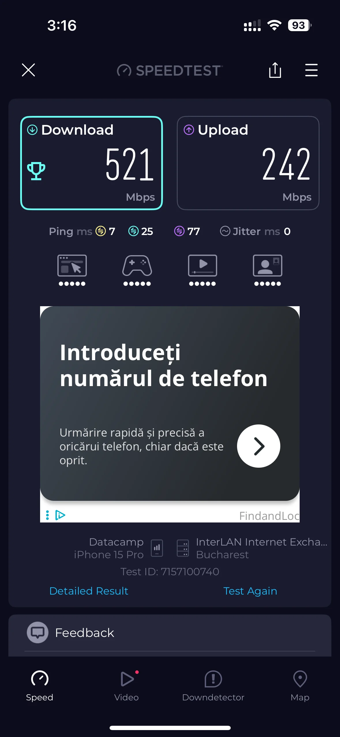 Test viteză Surfshark WireGuard pe iPhone conectat la serverul din România, download 521 Mbps, upload 242 Mbps, ping 7 ms
