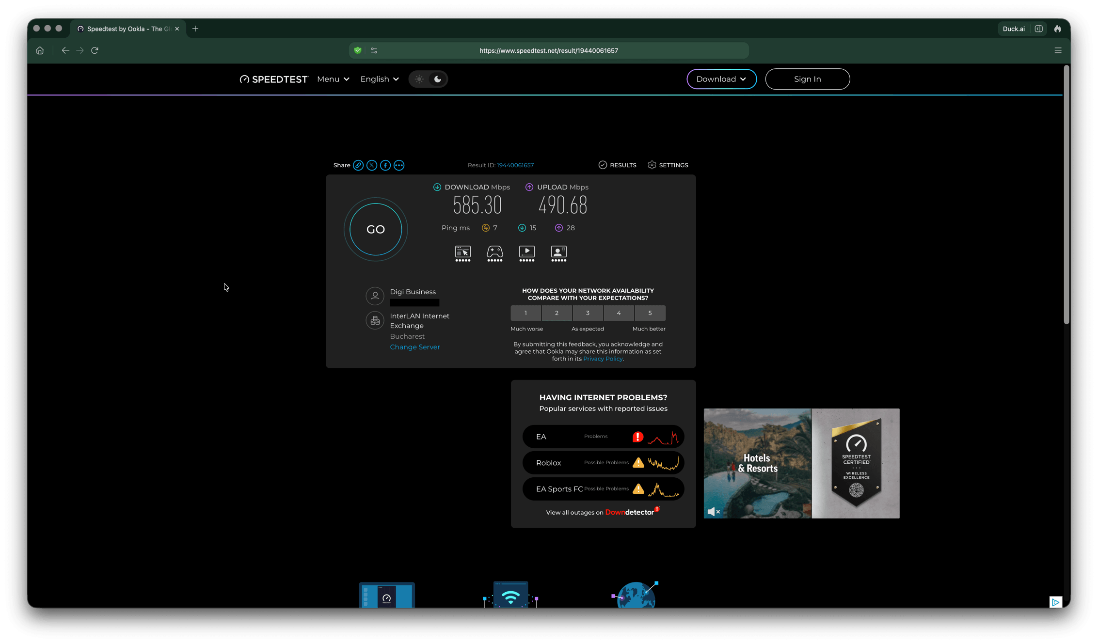 Test viteză Ookla fără VPN pe macOS, server InterLAN București, download 614 Mbps, ping 7 ms