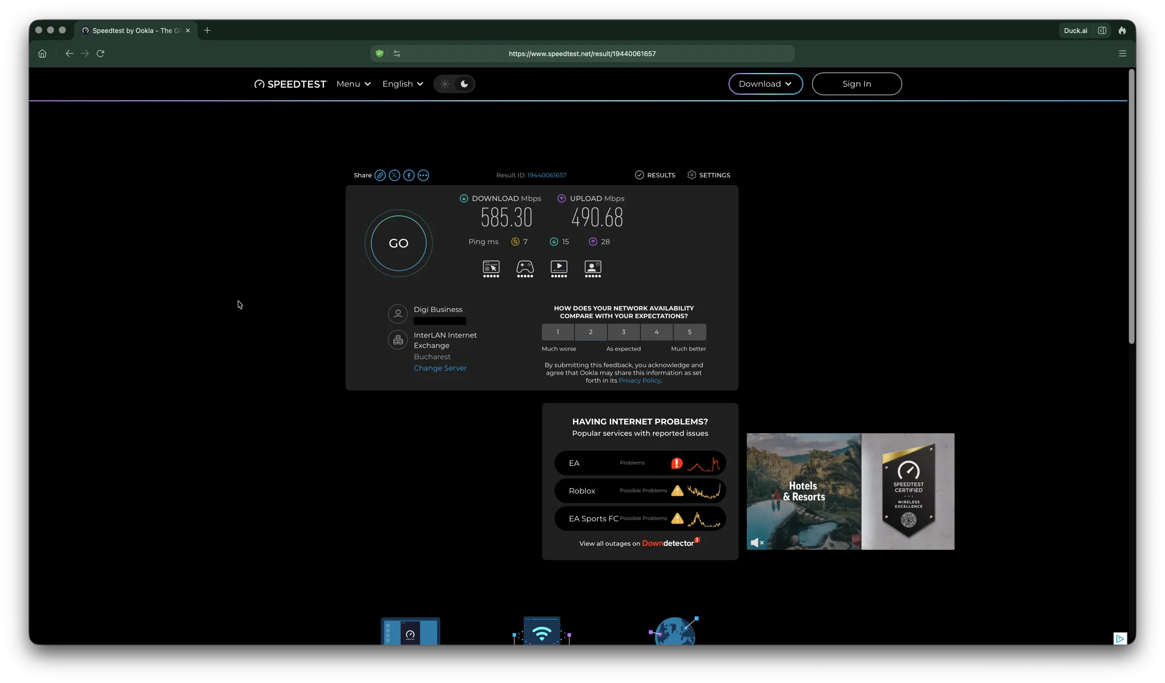 Test viteză Ookla fără VPN pe macOS, server InterLAN București, download 614 Mbps, ping 7 ms