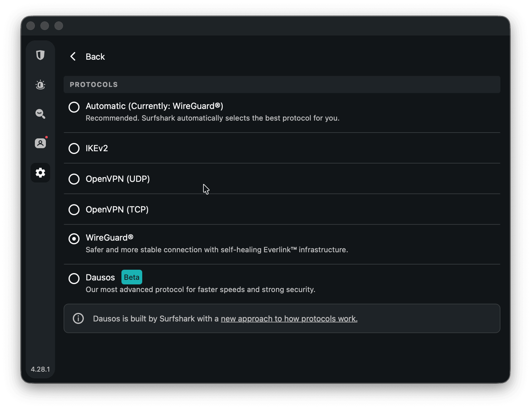 Setările Surfshark pe macOS cu protocolul WireGuard selectat manual, nu Automatic