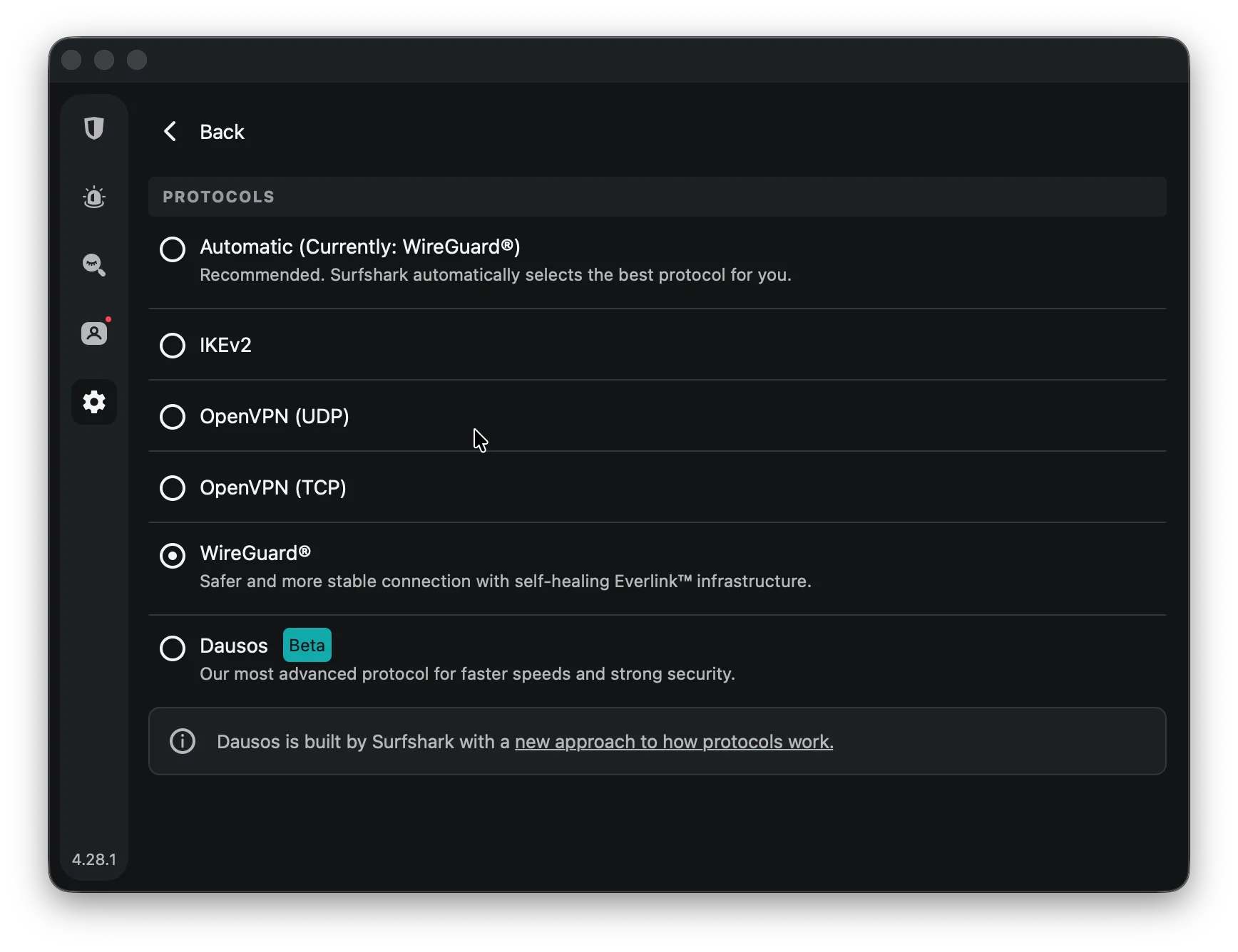 Setările Surfshark pe macOS cu protocolul WireGuard selectat manual, nu Automatic