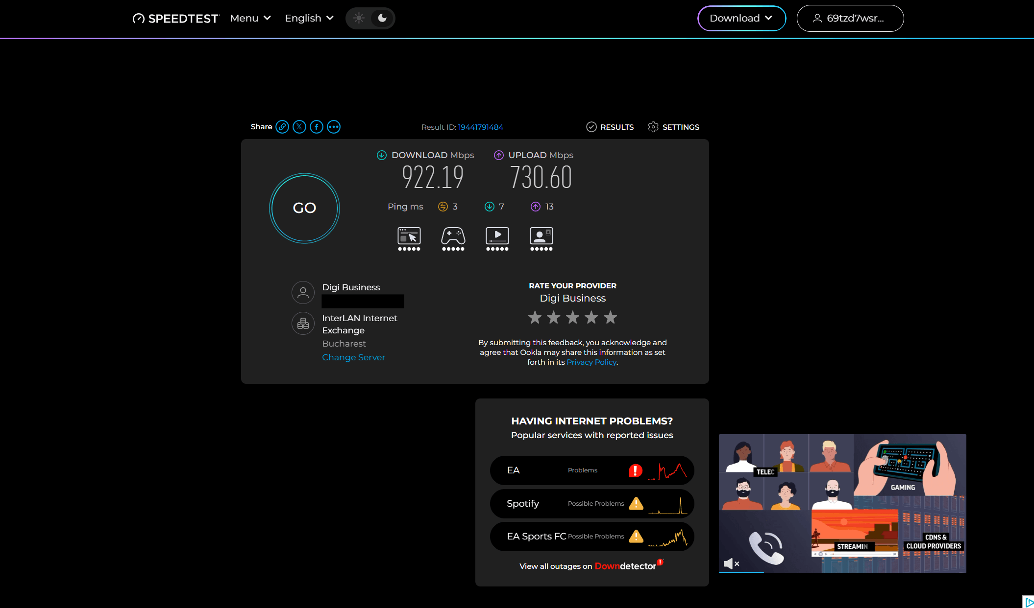 Test viteză Ookla fără VPN pe Windows, server InterLAN București, download 911 Mbps, upload 727 Mbps, ping 2 ms