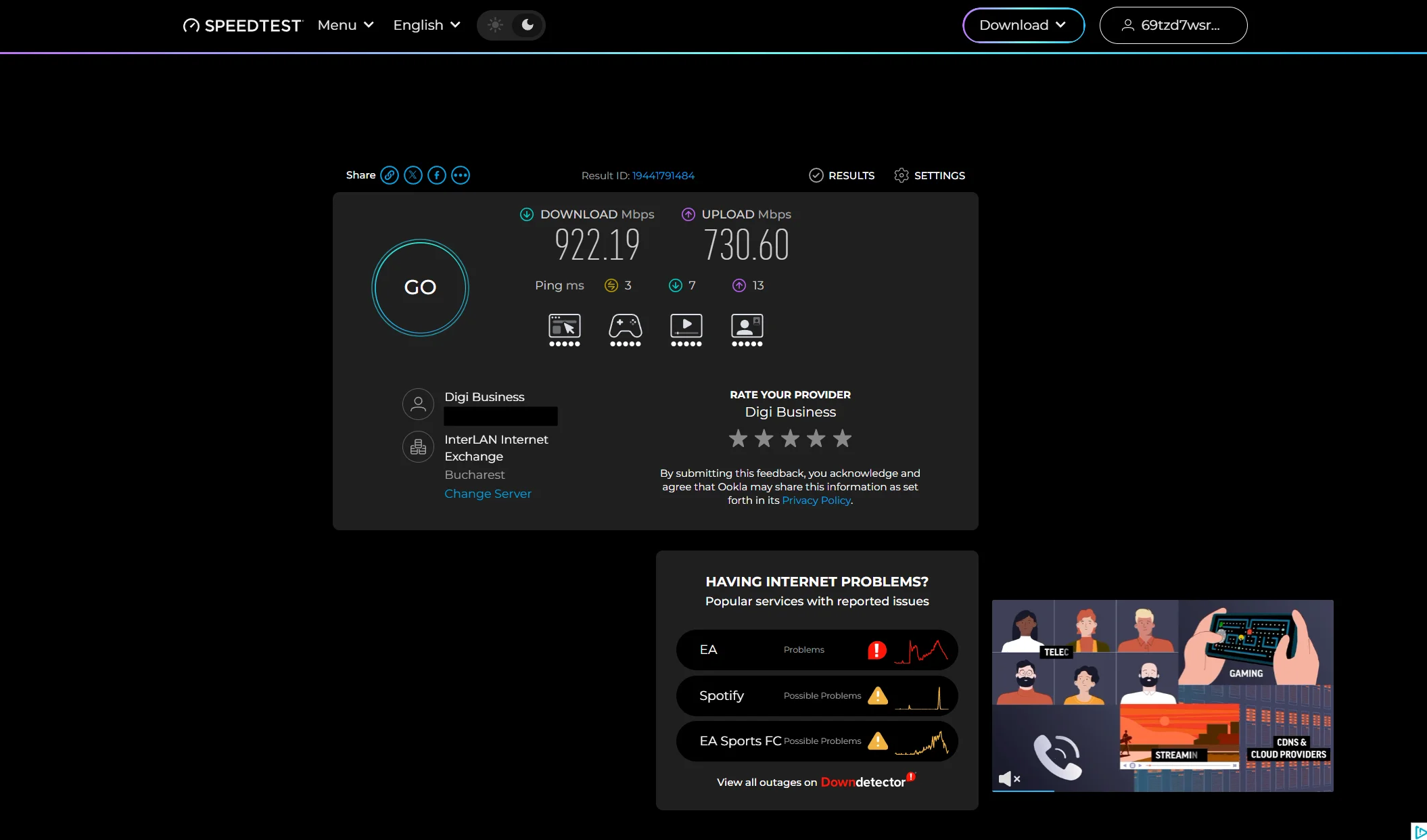 Test viteză Ookla fără VPN pe Windows, server InterLAN București, download 911 Mbps, upload 727 Mbps, ping 2 ms