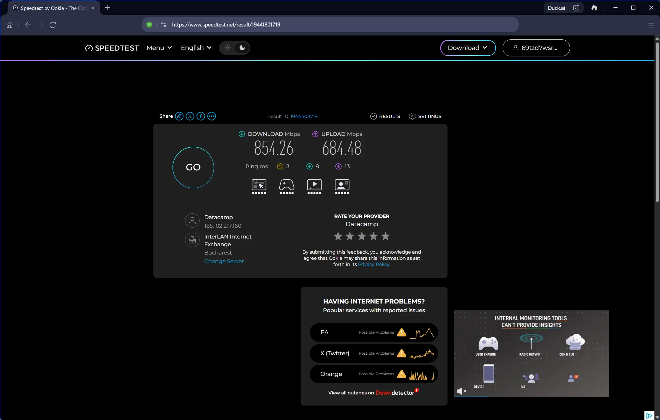 Test viteză Surfshark WireGuard pe Windows conectat la serverul din România, download 866 Mbps, ping 3 ms