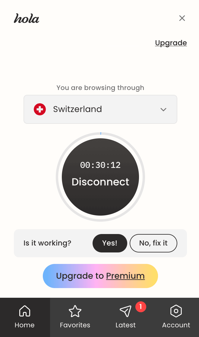 Hola VPN conectat la un server din Elveția