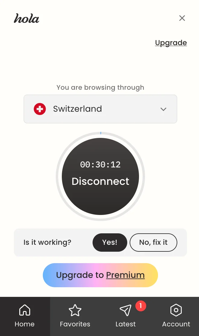 Hola VPN conectat la un server din Elveția