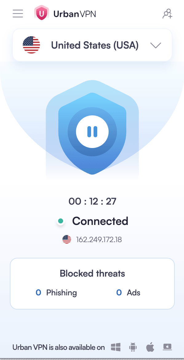 Urban VPN conectat la un server din Statele Unite, cu IP-ul serverului afișat