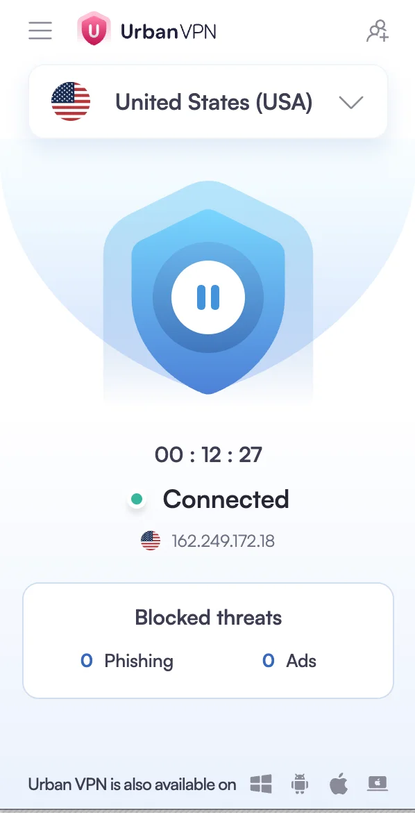 Urban VPN conectat la un server din Statele Unite, cu IP-ul serverului afișat