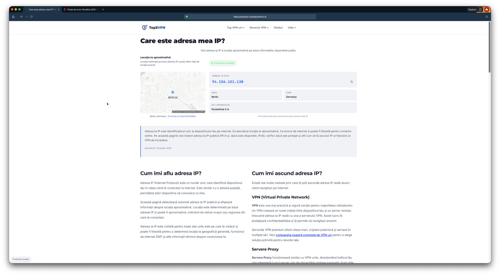 Verificare adresă IP care confirmă o locație din Germania în timpul testului