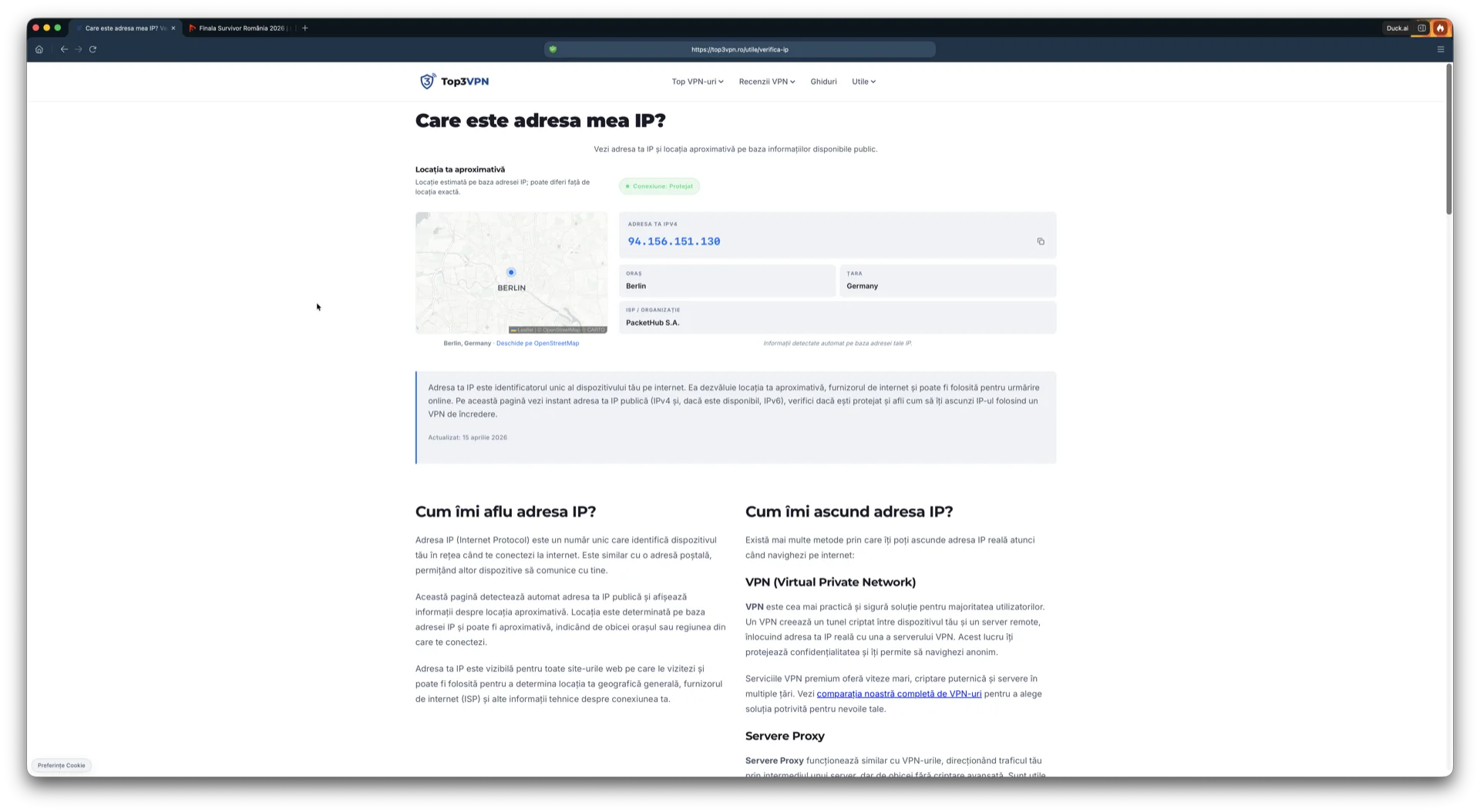 Verificare adresă IP care confirmă o locație din Germania în timpul testului