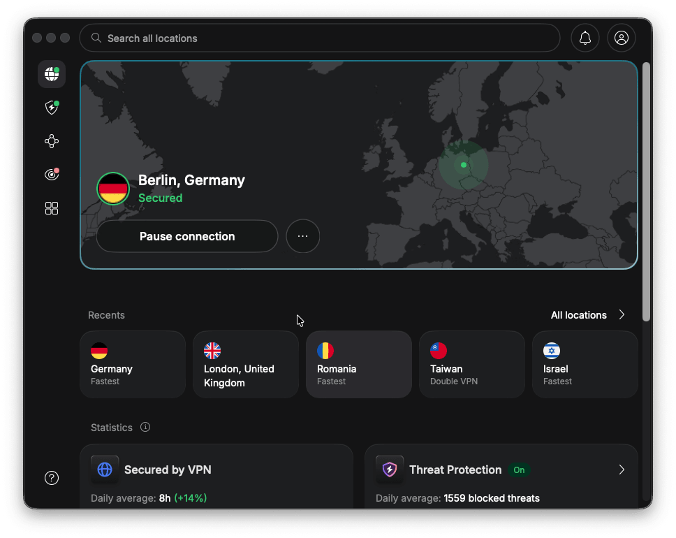Aplicația NordVPN conectată la un server din Germania, status conectat