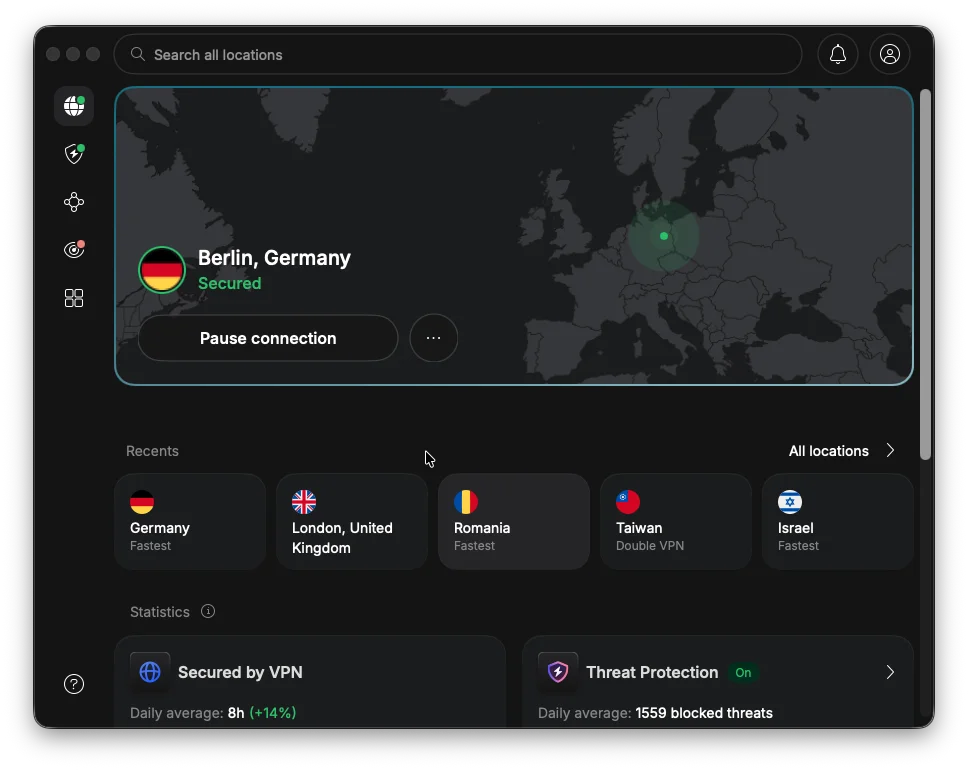 Aplicația NordVPN conectată la un server din Germania, conexiune activă