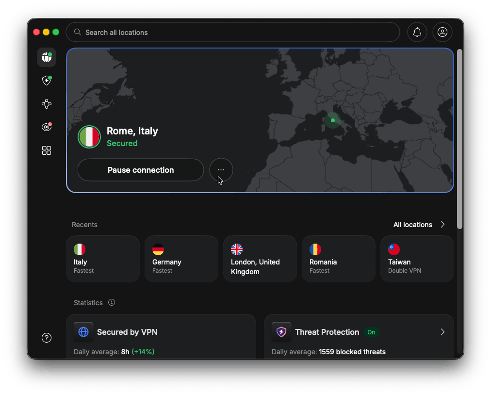 Aplicația NordVPN conectată la un server din Italia, status conectat