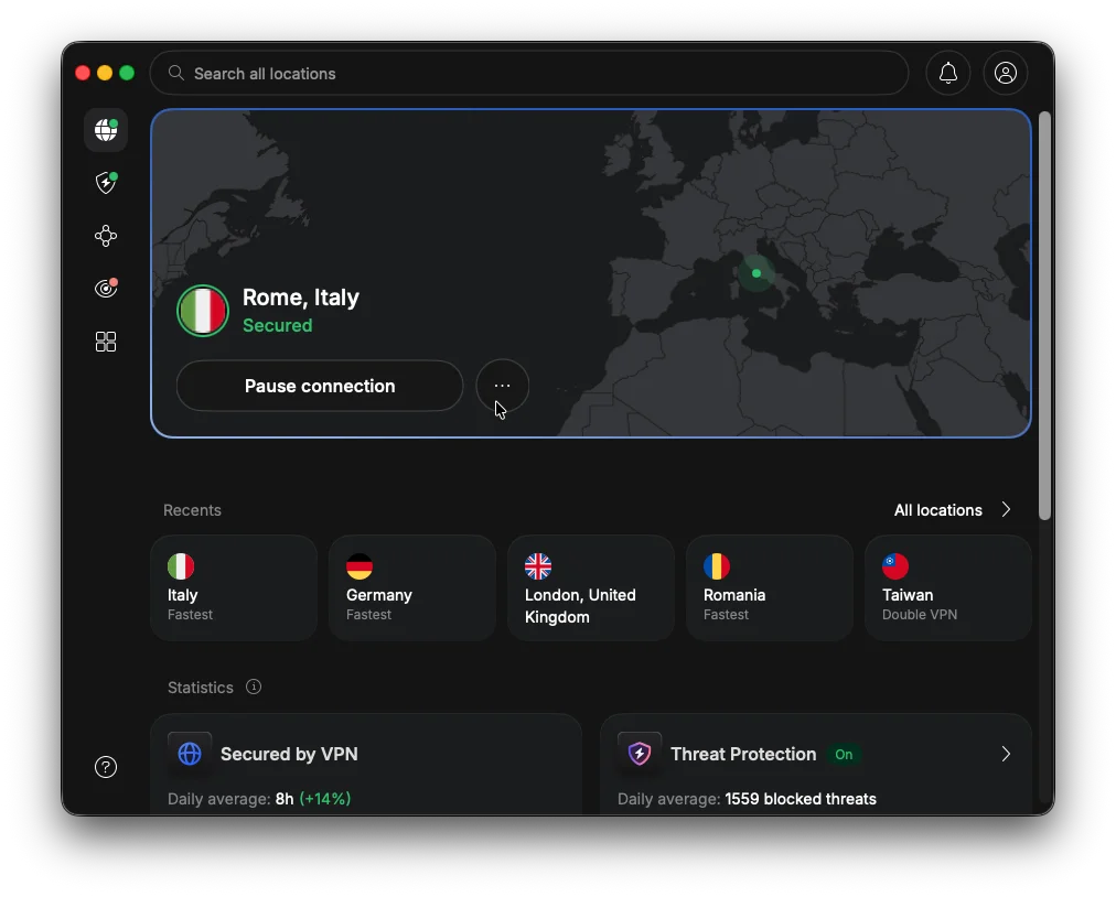 Aplicația NordVPN conectată la un server din Italia, conexiune activă