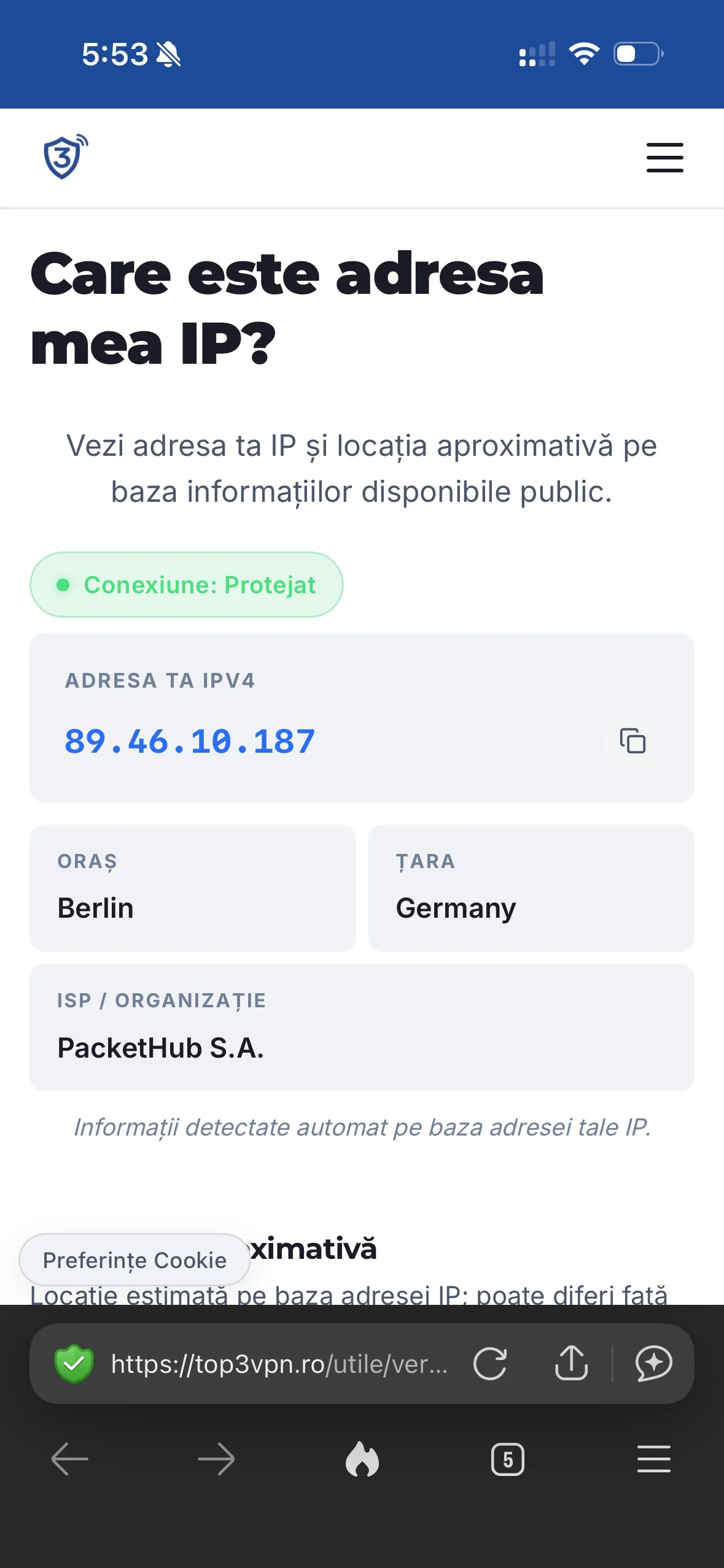 Verificare adresă IP pe telefon care arată o locație din Germania