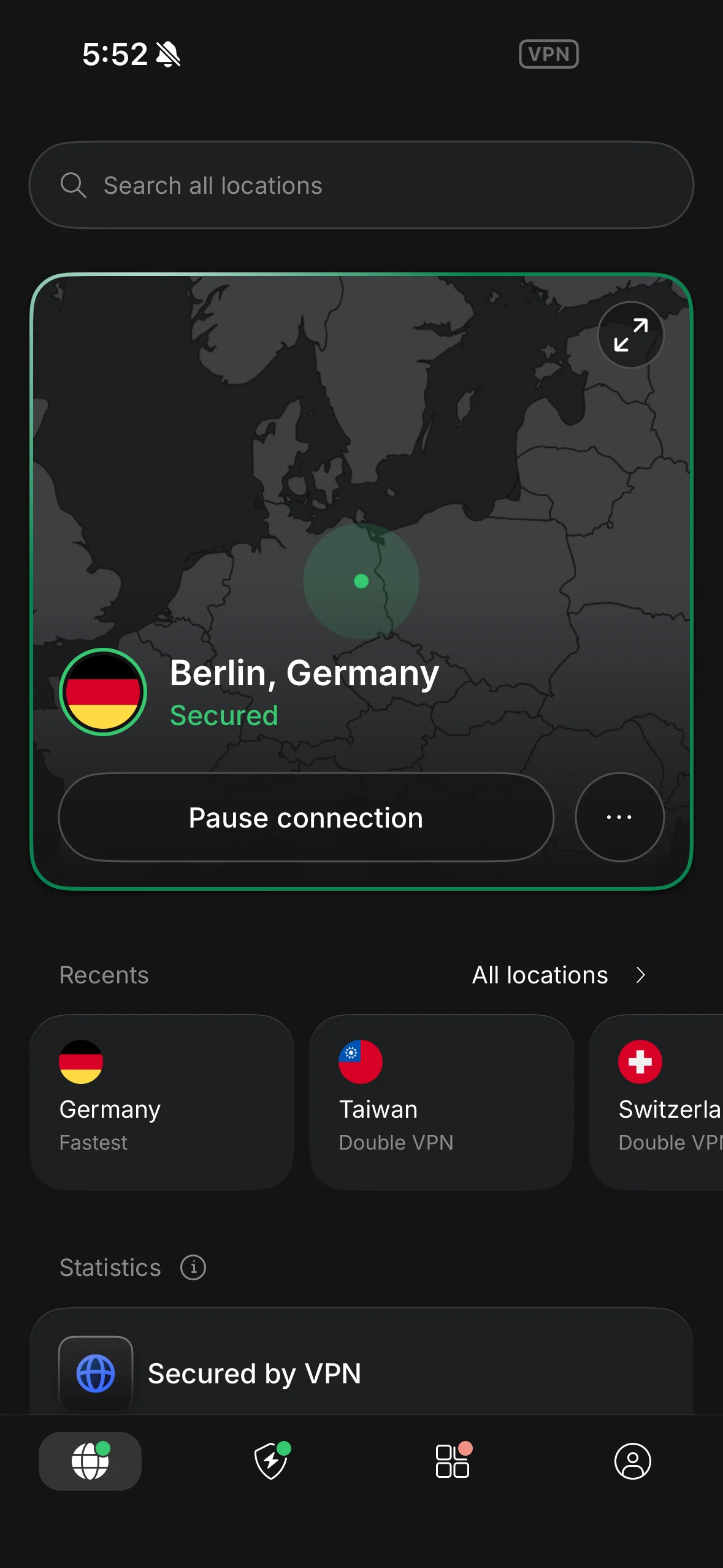 NordVPN pe telefon conectat la un server din Germania, conexiune activă