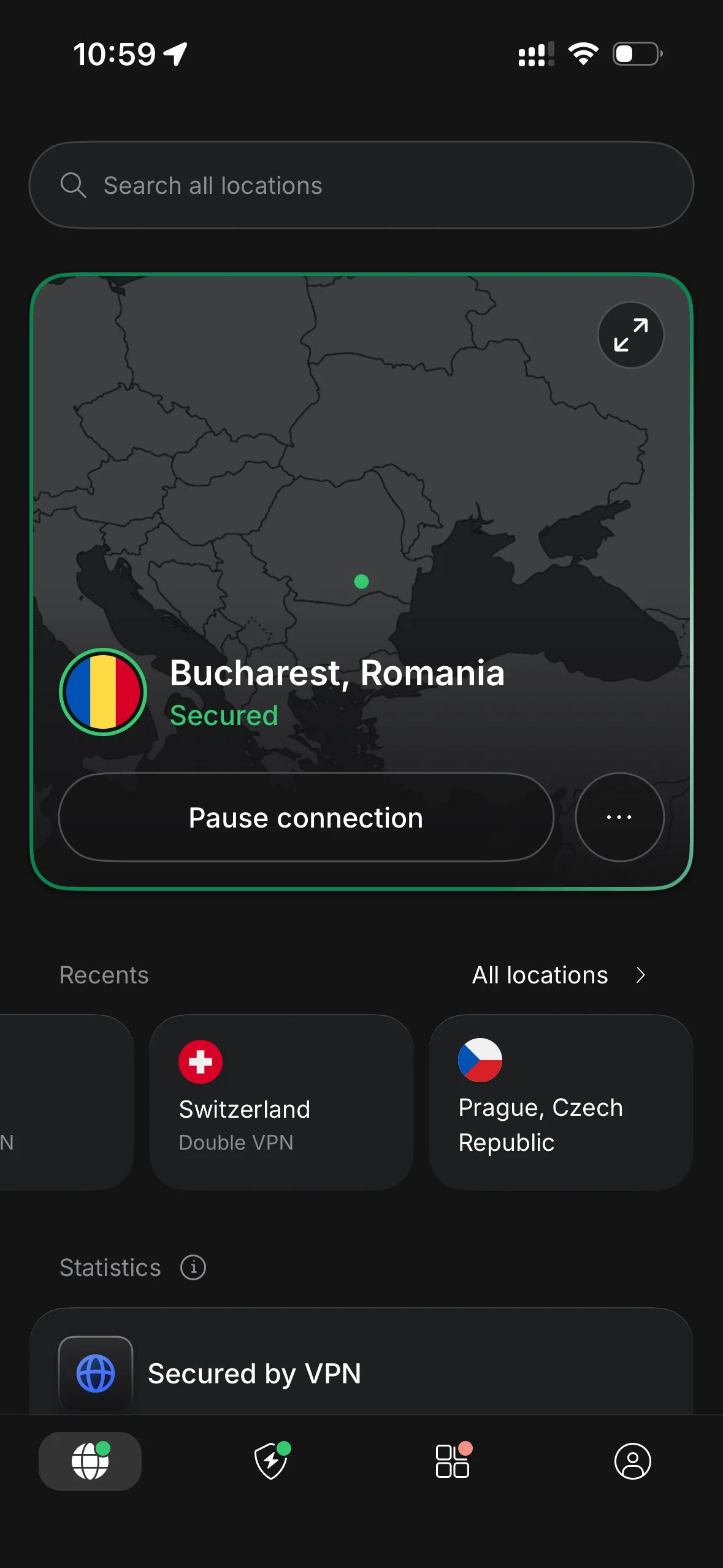 NordVPN pe telefon conectat la un server din România, conexiune activă
