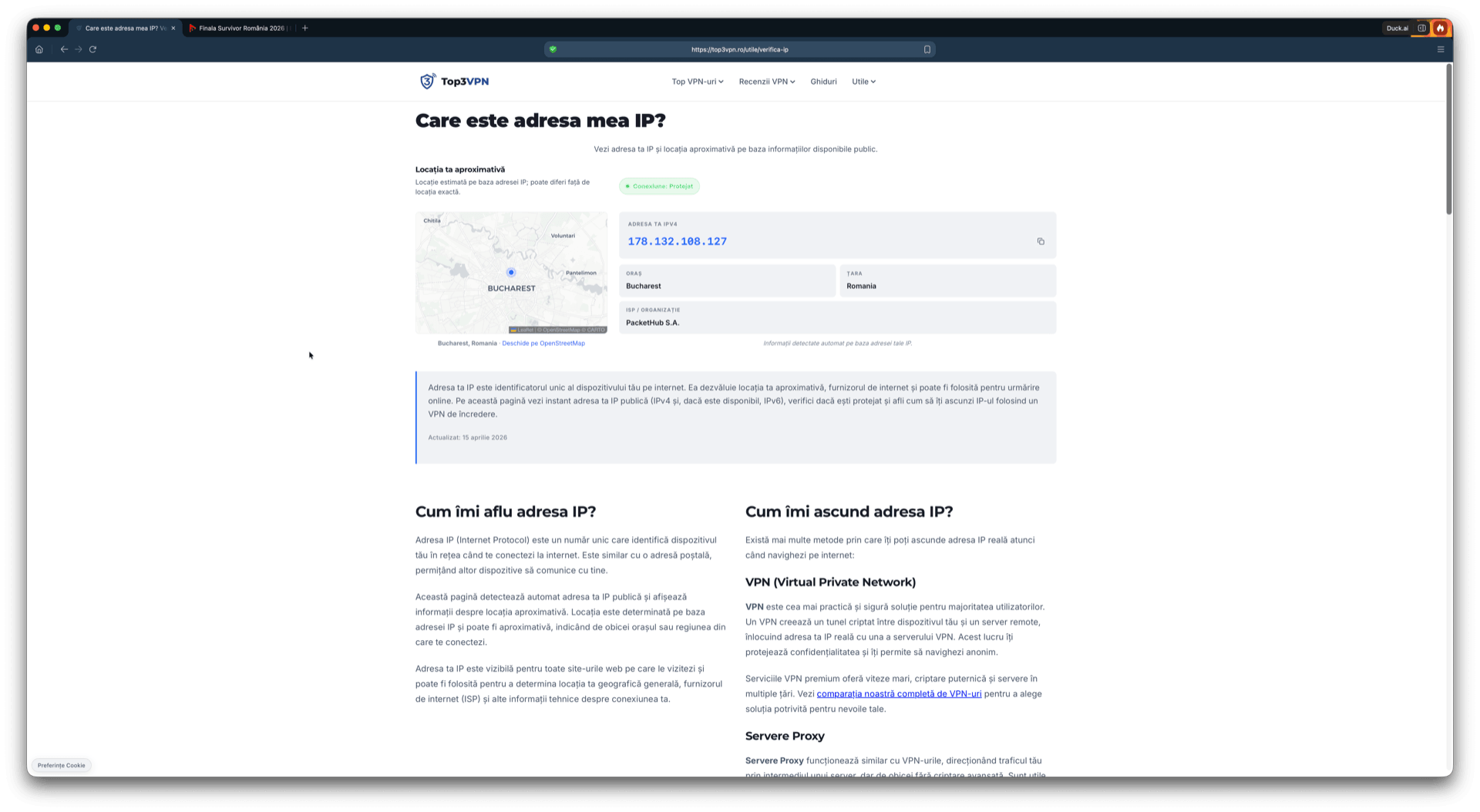 Verificare adresă IP care confirmă o locație din România în timpul testului
