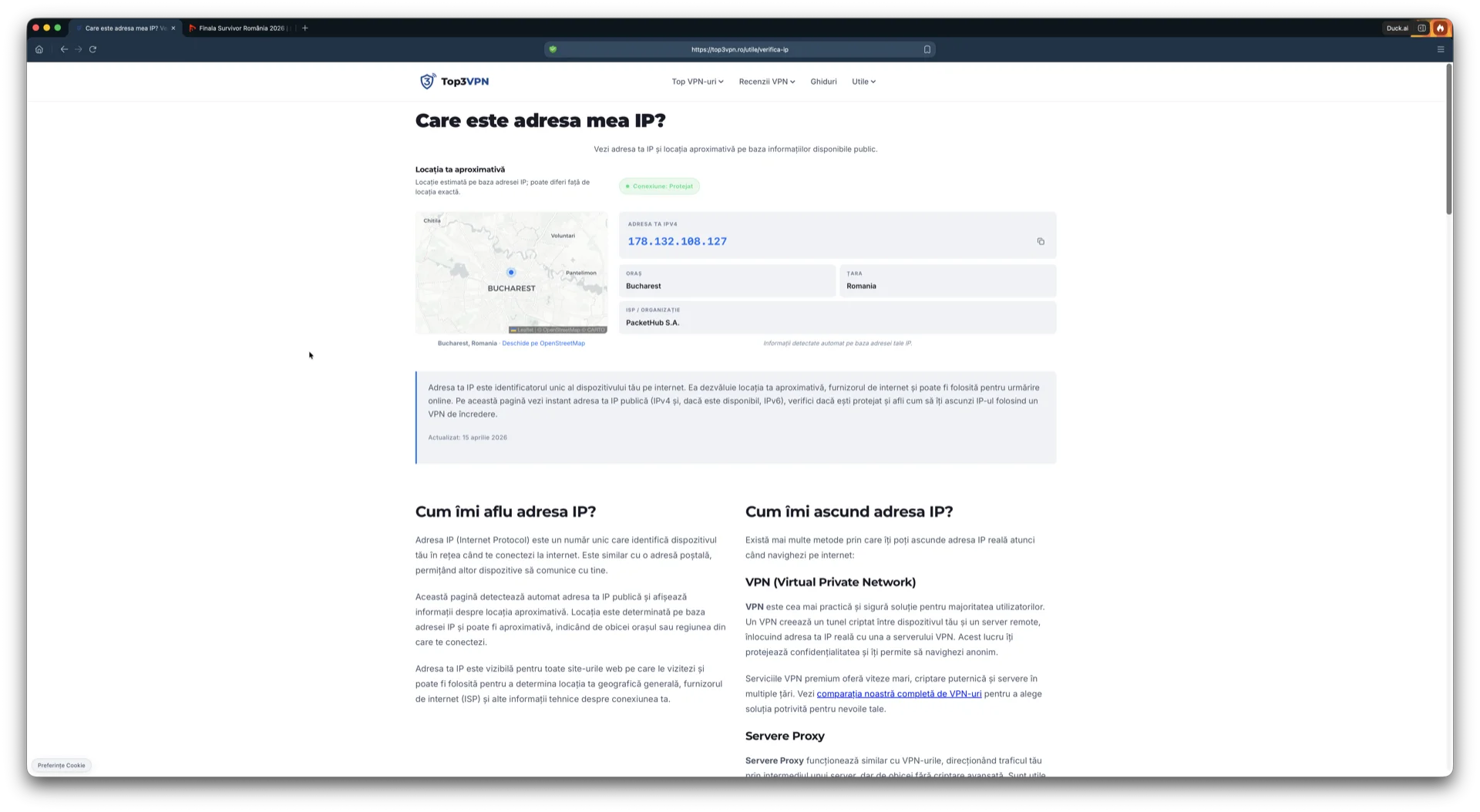 Verificare adresă IP care confirmă o locație din România în timpul testului